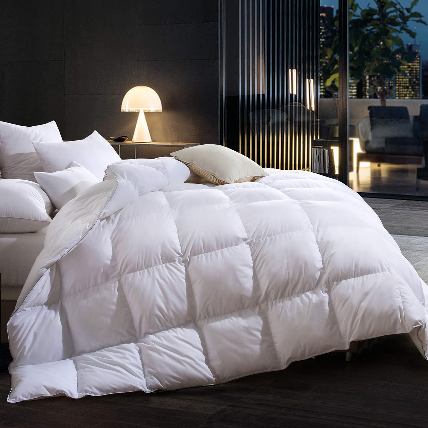 Three Geese Soild White Goose Feathers Down Comforter Queen Size Duvet Insert,750  Fill Power,1200TC 100% Cotton Fabric,Premium Bedding Comforter for All Seasons with 8 Tabs.