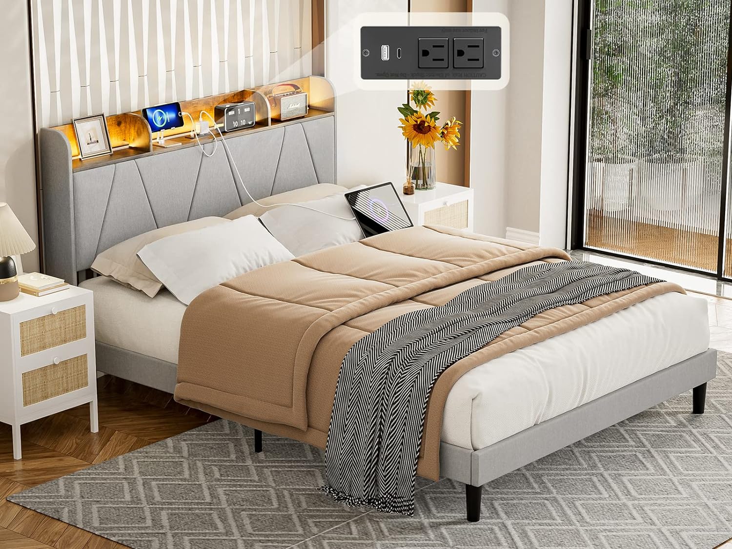 IKIFLY Queen Bed Frame with Charging Station & Storage Shelf Headboard, Upholstered LED Bed Frame with 2 Outlets and 2 USB Ports1 Type C, Solid Wood Slats, No Box Spring Needed - Light Grey