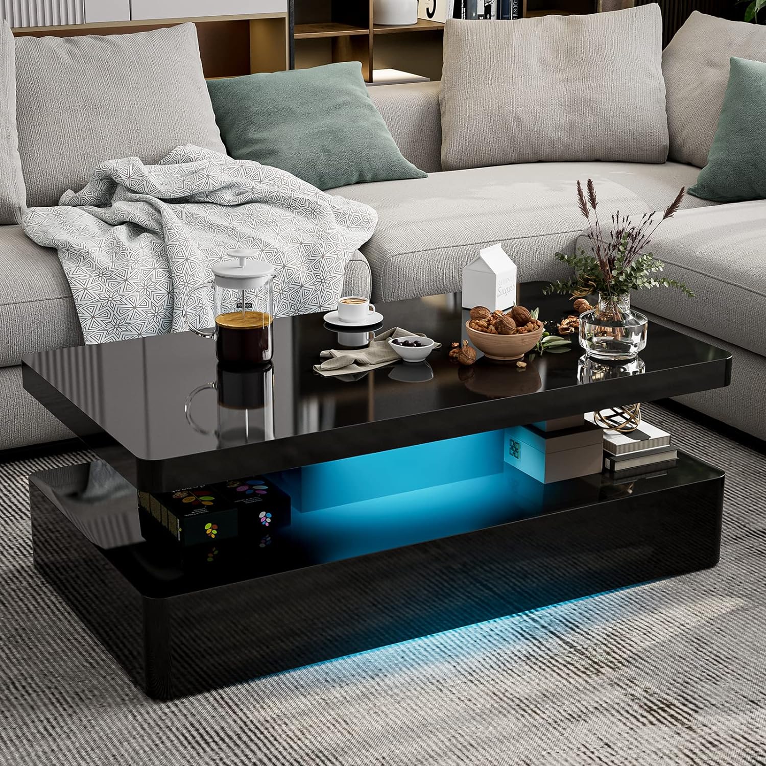 IKIFLY Modern High Glossy Black Coffee Table with 16 Colors LED Lights, Contemporary Rectangle Design Living Room Furniture, 2 Tiers