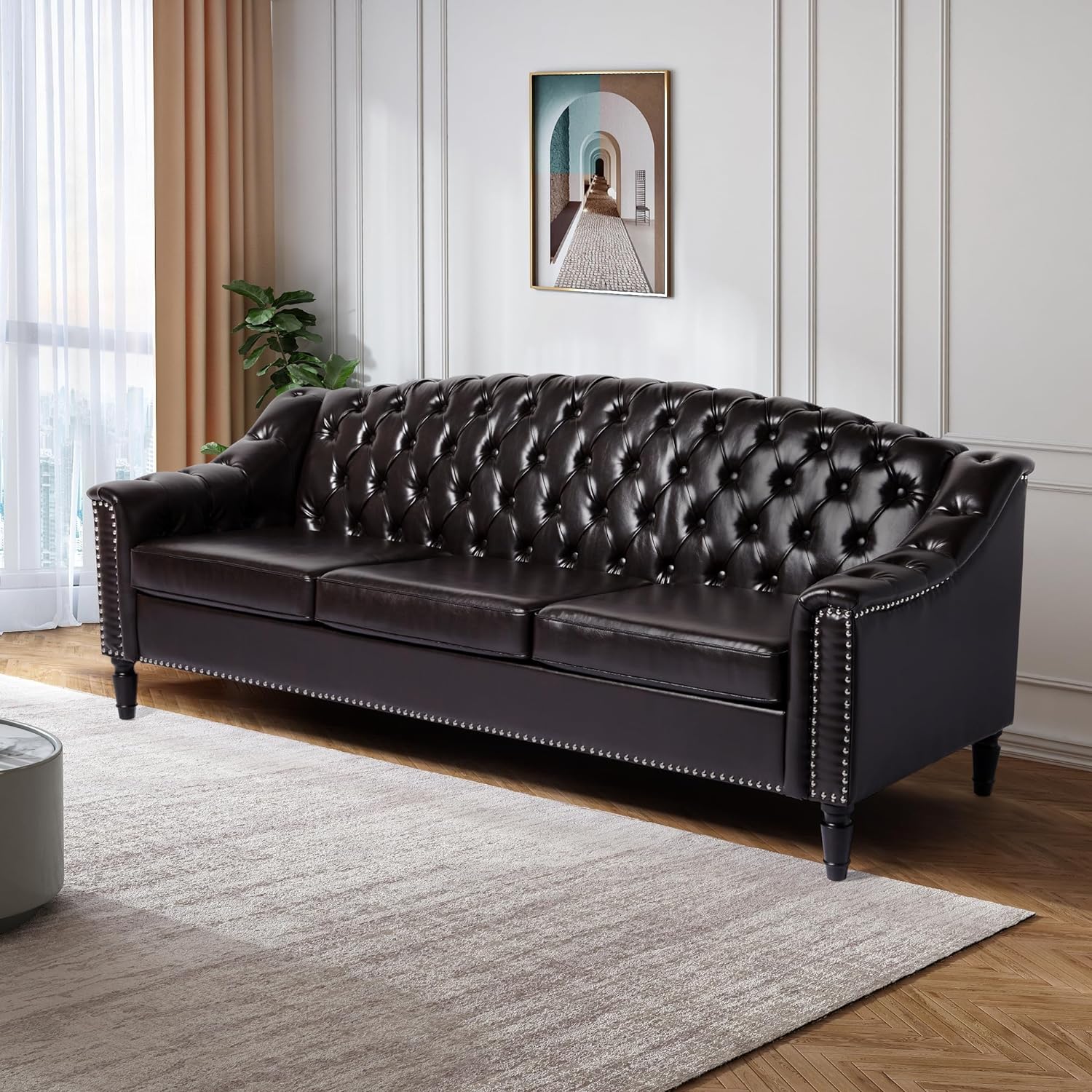 Chesterfield Couch 3 Seater Large Sofa, Faux Leather Sofas and Couches 80 Inches Mid Century Modern Couch Tufted Back Sofa for Living Room Furniture (Dark Brown)