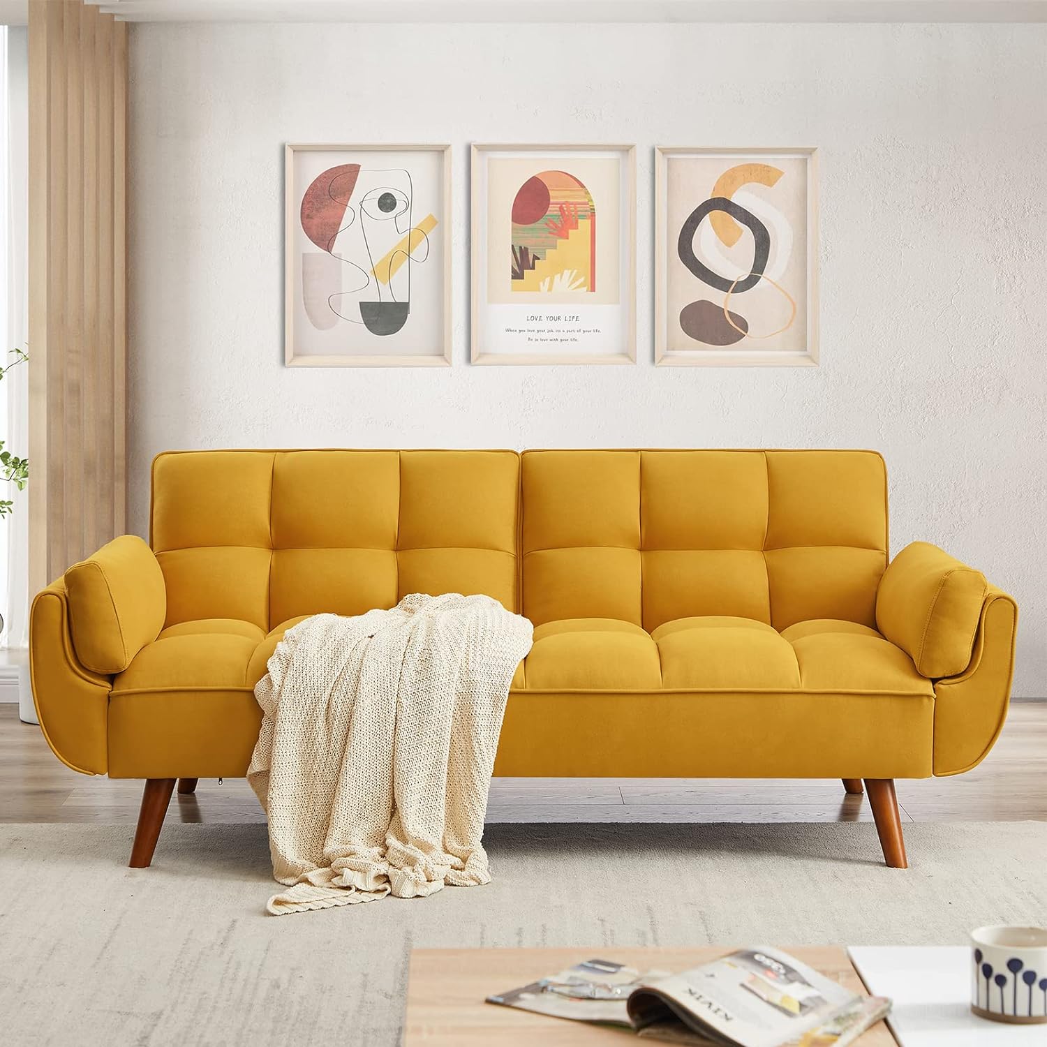 Convertible Futon Sofa Bed, Linen Sleeper Couch, 75 W Modern 3 Seater Tufted Sofa with Adjustable Backrests and Soild Wood Legs for Living Room, Bedroom, Small Space, Yellow