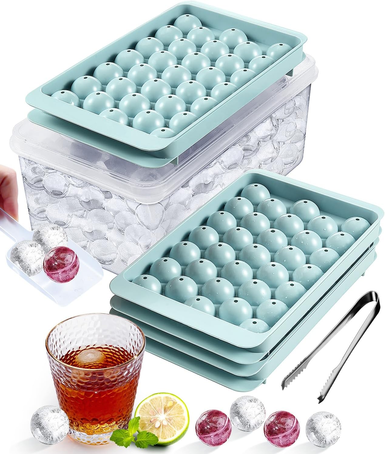 Stackable Round Ice Cube Tray Set with Lid & Bin  Create 99PCS Round Ice Balls, Ice Trays for Freezer is Easy to Release & Sturdy Small Pellet Ice Maker for Drinks, Coffee and Cocktails