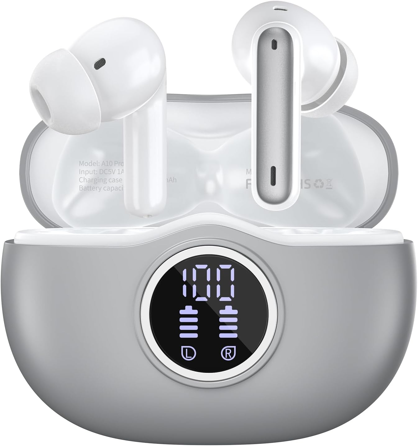 Wireless Earbuds Bluetooth 5.3 Headphones 40 Hrs Playtime with LED Display, Deep Bass Stereo and Noise Cancelling Bluetooth Ear Buds IP7 Waterproof Wireless Earphones for iPhone Android, Grey