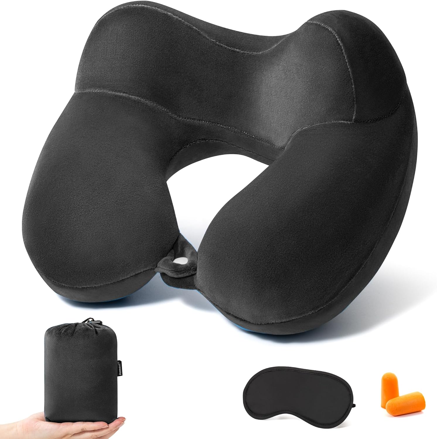 Inflatable Travel Pillow Soft Velvet Portable Neck Pillow with Storage Bag for Airplane Train Car Office