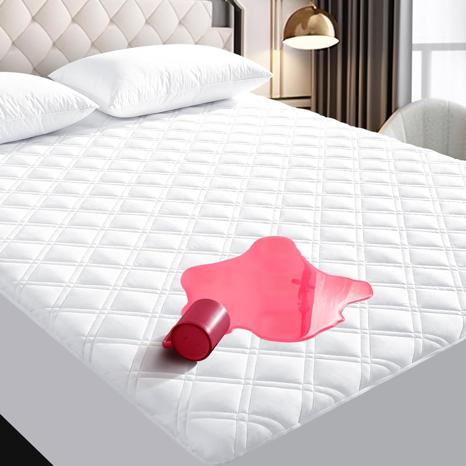 Queen Size Mattress Pad Protector Waterproof Quilted Fitted Bed Cover Cooling Deep Pocket Fits 8-21 Noiseless Breathable Soft Absorbent Washable Lasting Stain Protection, White