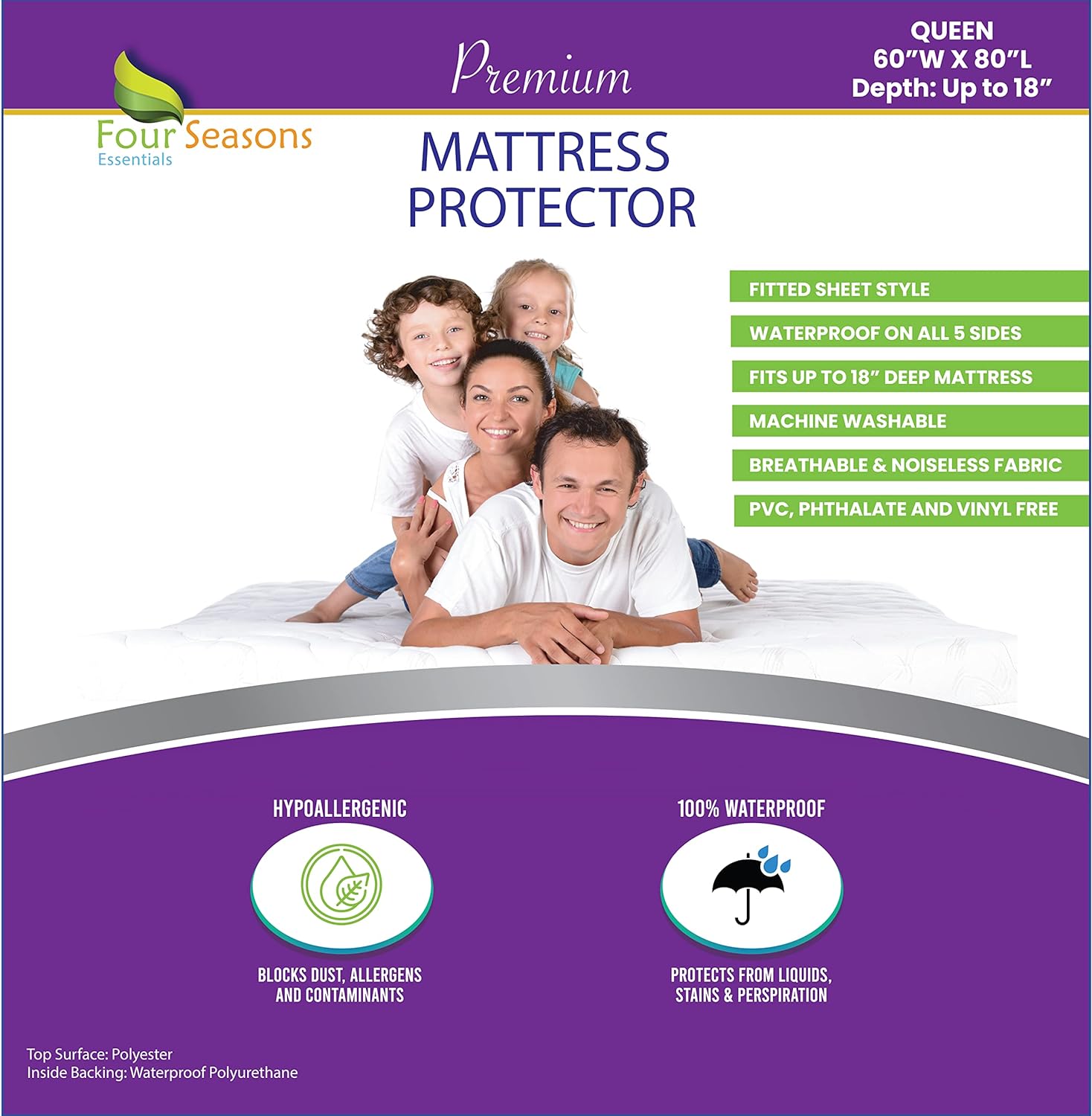 Queen Size Waterproof Mattress Protector - Fitted Sheet Mattress Cover with Deep Pockets - Hypoallergenic, Breathable, Water Proof, Noiseless, Vinyl Free