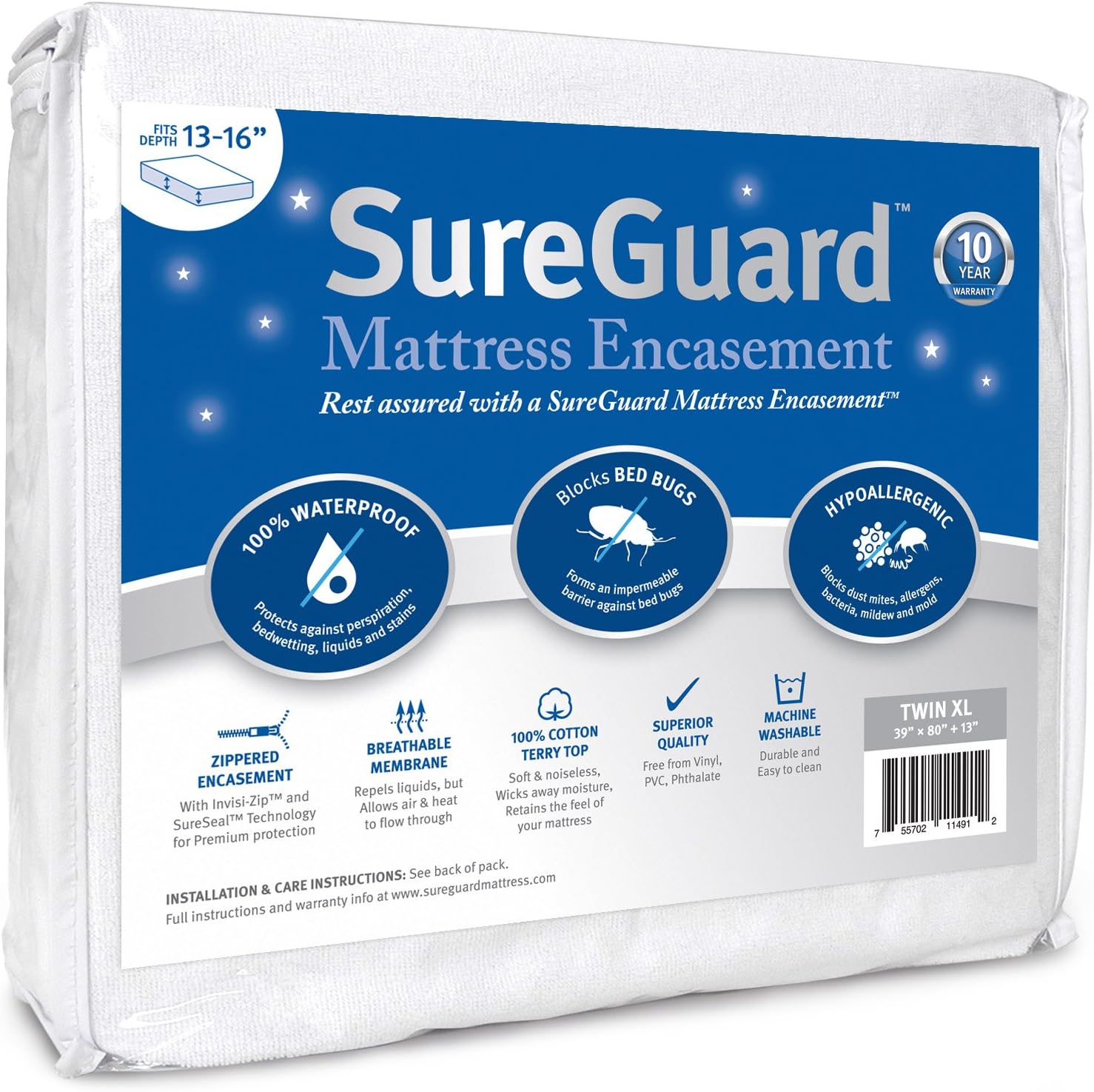 Twin XL (13-16 in. Deep) SureGuard Mattress Encasement - 100% Waterproof, Bed Bug Proof, Hypoallergenic - Premium Zippered Six-Sided Cover