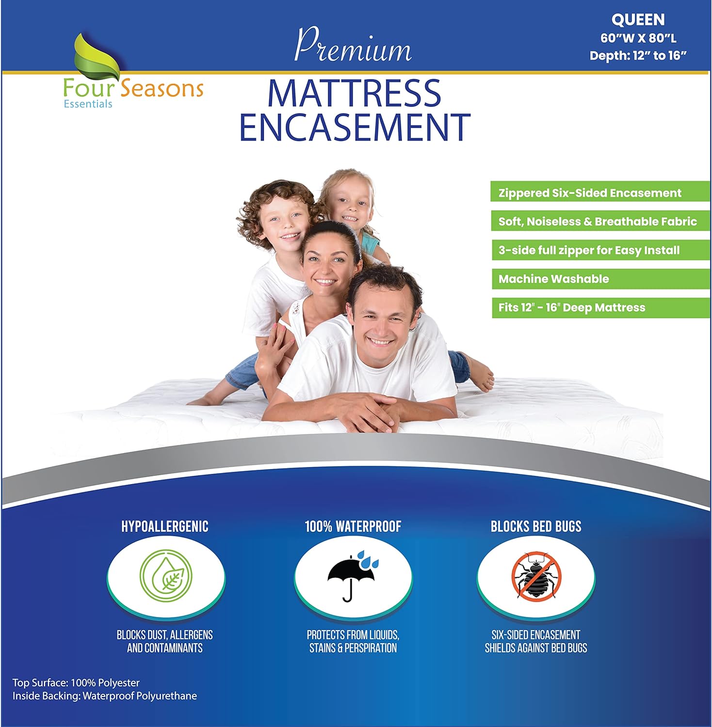 Four Seasons Essentials Queen Mattress Protector - Zippered Bedbug Waterproof Mattress Cover, Premium Quality Hypoallergenic Bed Encasement White