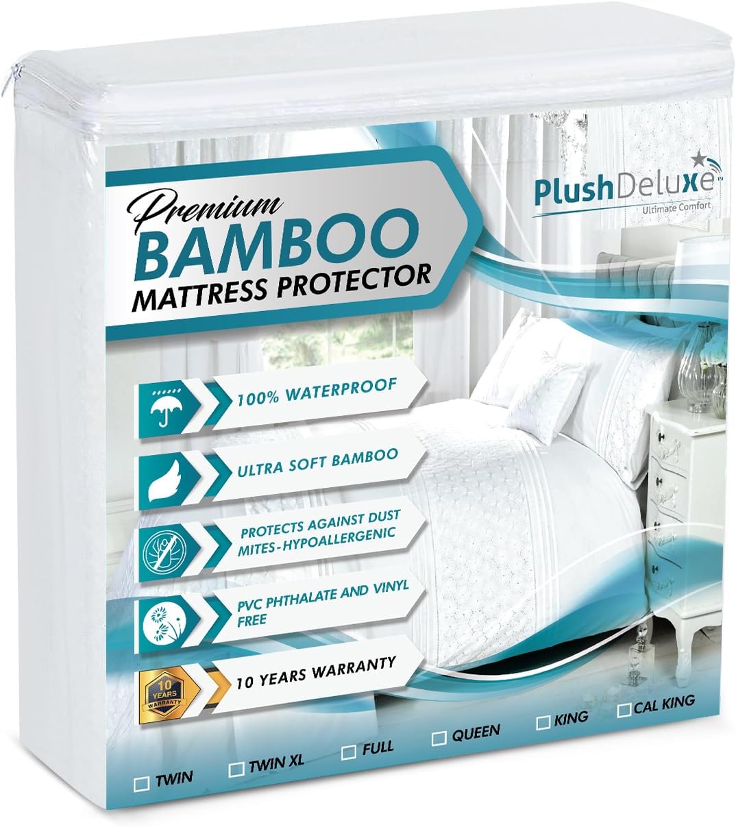 PlushDeluxe Premium Bamboo Mattress Protector  King Size, Waterproof, & Ultra Soft Breathable Noiseless Washable Bed Mattress Cover for Comfort & Protection - White