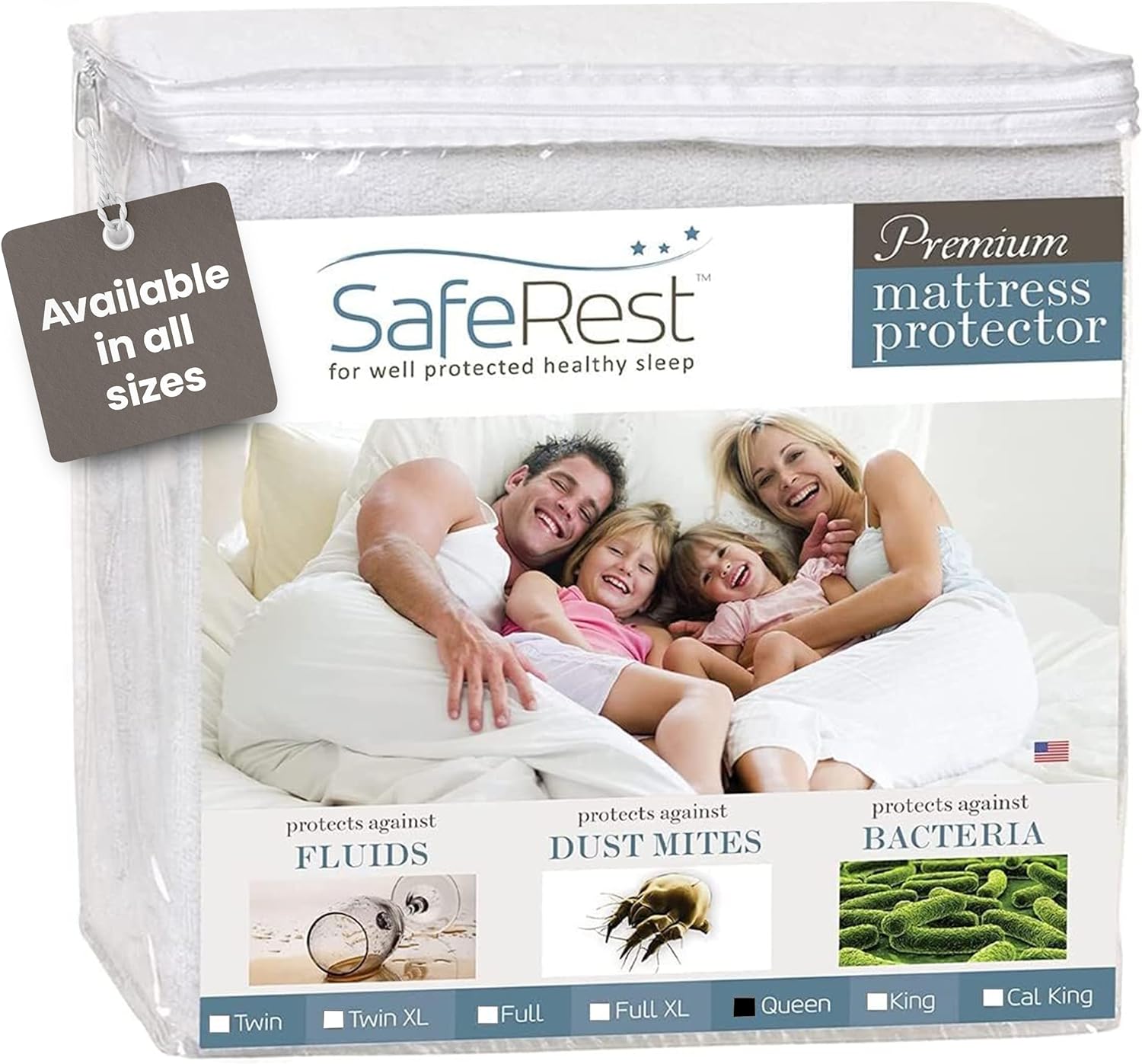 SafeRest 100% Waterproof Queen Size Mattress Protector - Fitted with Stretchable Pockets - Machine Washable Cotton Mattress Cover for Bed