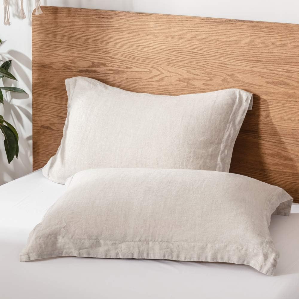 100% French Linen Pillow Shams Basic Style - Pack of 2 - Washed Solid Color Natural Flax Soft Breathable - Linen, 20'' x 26''