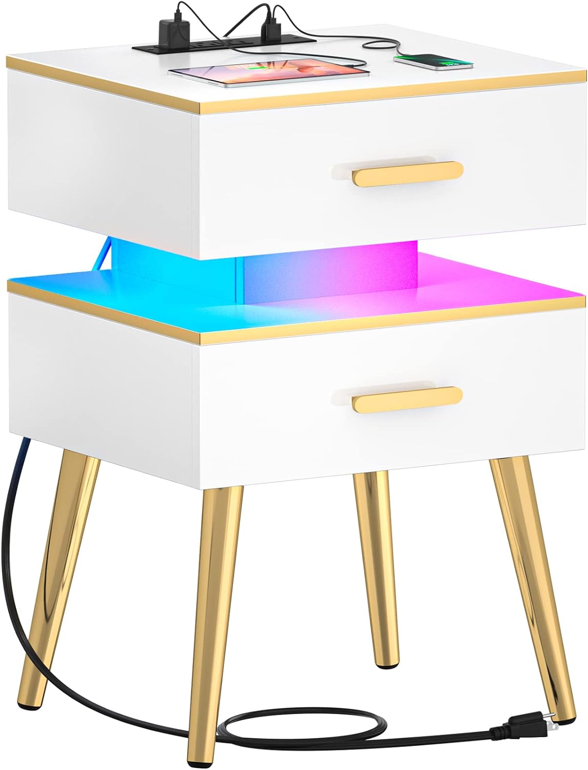 Cyclysio Night Stand with Charger Station & Drawers - 28.5 '' White Nightstand with Charging Station & LED, Bed Side Table for Bedroom and Living Room, White and Gold