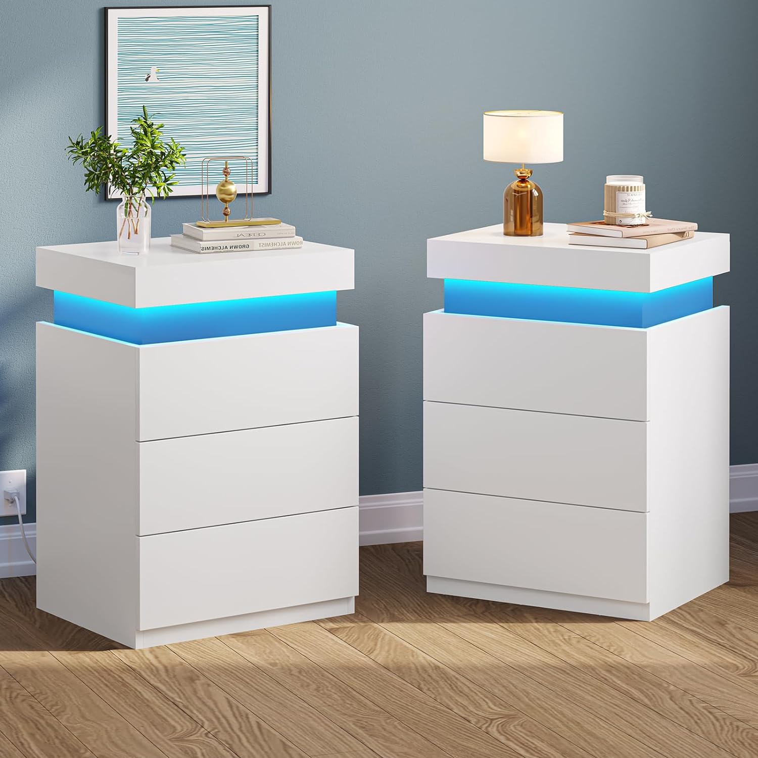 LED Nightstands Set of 2,Night Stands for Bedrooms Set of 2,Nightstand with Charging Station and Sliding Top,Bedside Table with Power Outlets & Drawers,Modern End Side Table (White)