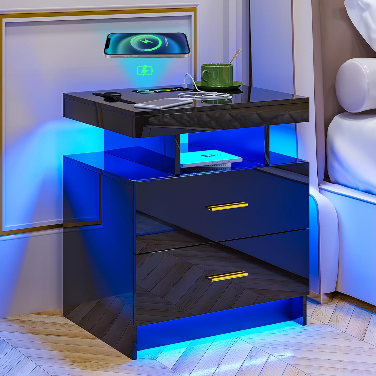 HNEBC LED Nightstand,Black Night Stand with USB+Type-C+Wireless Charging Station,Modern Bedside Table has Auto Sensor 24 Light Colors&2 Drawer,End Side Table for Bedroom Furniture