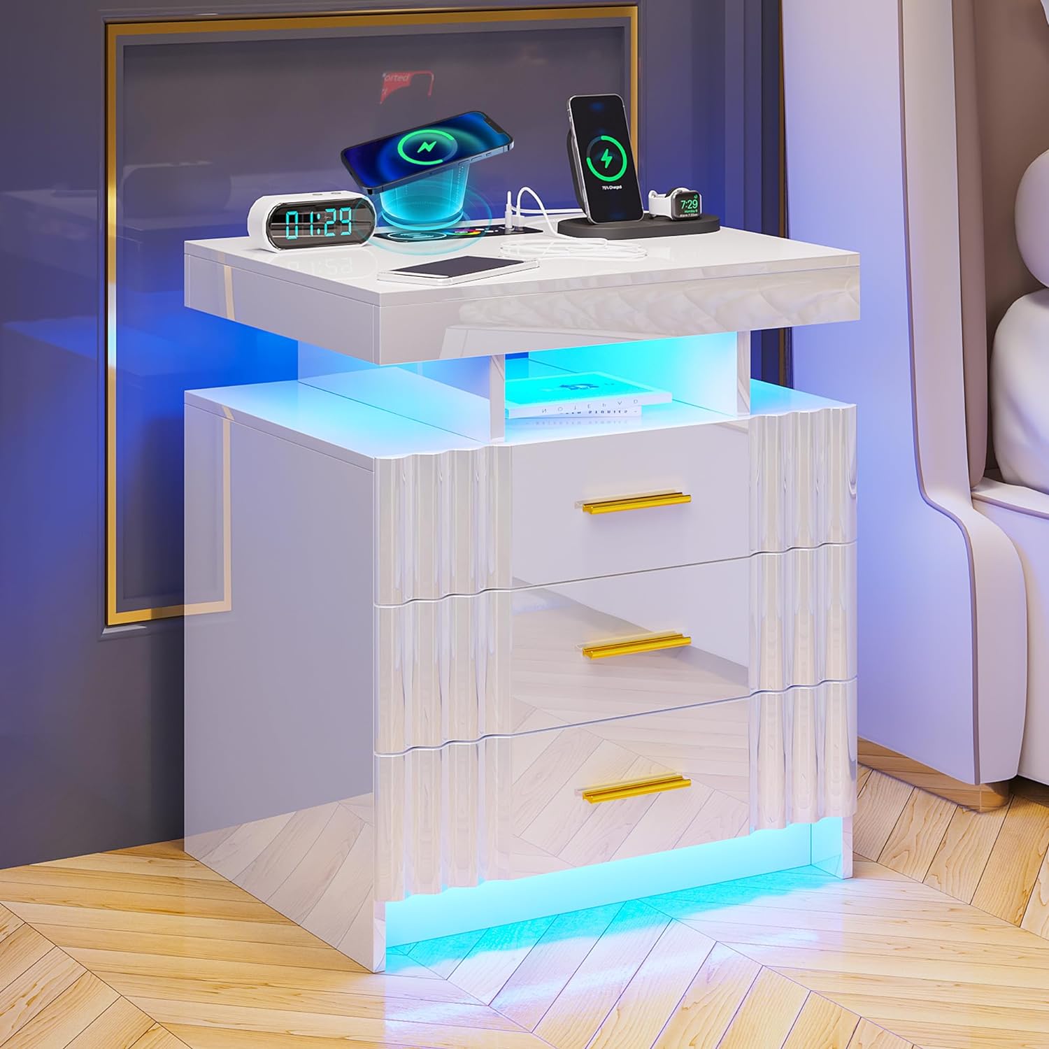 Nightstand with Charging Station, White LED Night Stand with 3 Drawers, High Gloss Bedside Table with Auto Sensor 24-Color Lights/Wireless/Type-C/USB Charging for Bedroom