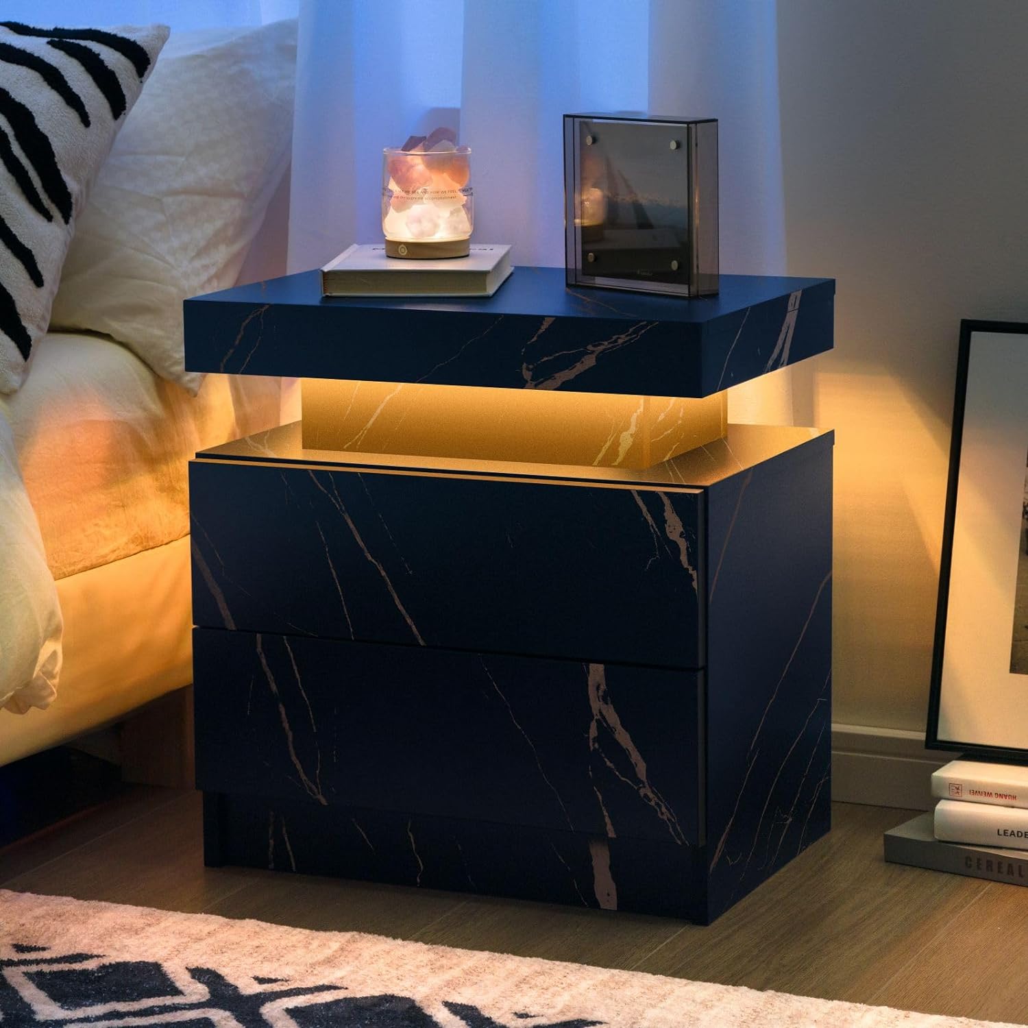 Bedroom Nightstand LED Night Stand Bedside Table with Drawers Modern End Tables for Bedroom Blue