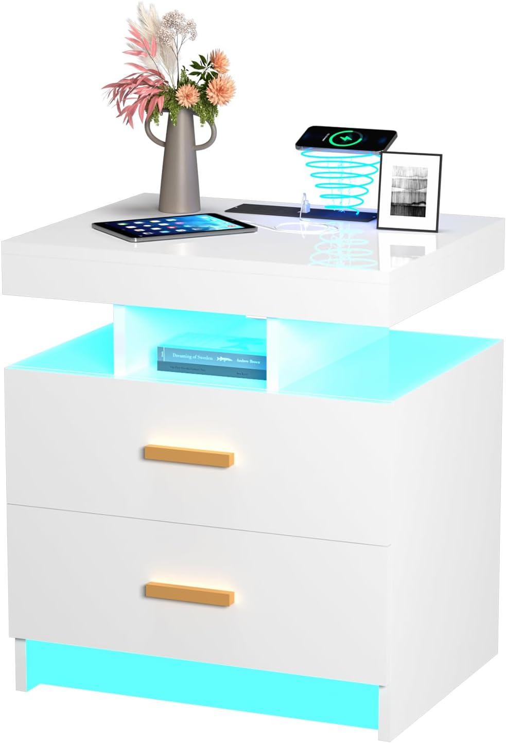 LED Nightstand with Wireless Charging Station & USB-C Port, Modern Night Stand with Open Storage Shelf & 2 Drawer, Bedside Table with Adjustable Brightness Embedded LED Light Strip, White