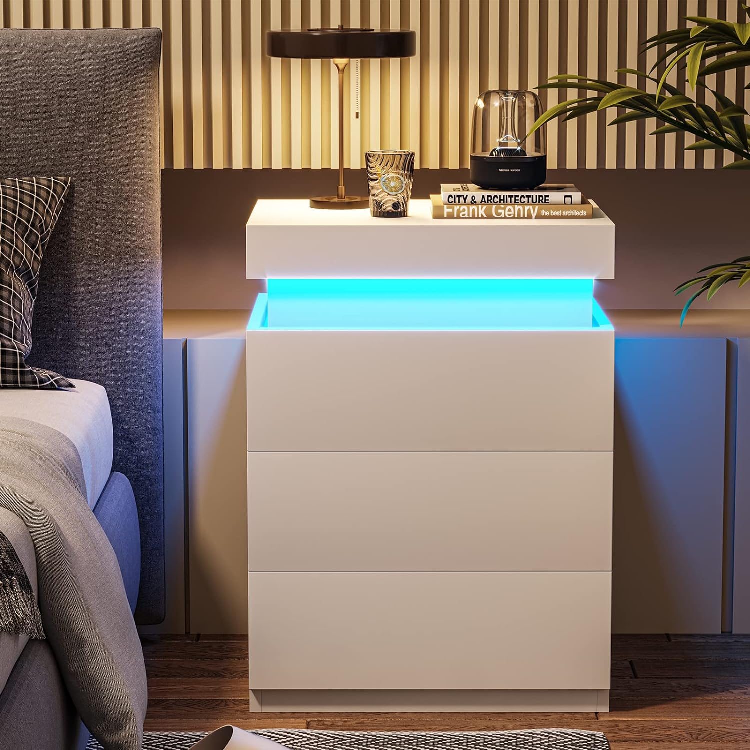 ADORNEVE Nightstand with Charging Station and LED Lights,Night Stand with Sliding Top for Bedroom,Bedside Table with Drawers,Modern End Side Table,White