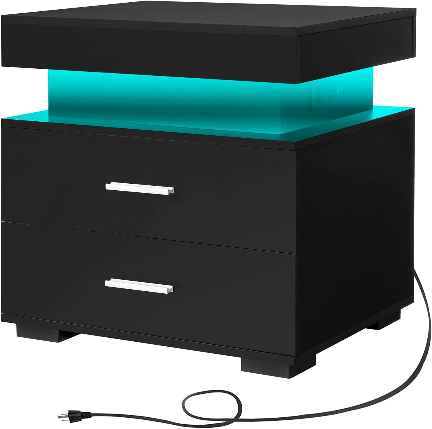 WEENFON Nightstands, LED nightstand with Charging Station, Bedside Table with 2 Wider and Deeper Drawers, Night Stand, Modern End Side Table, Black