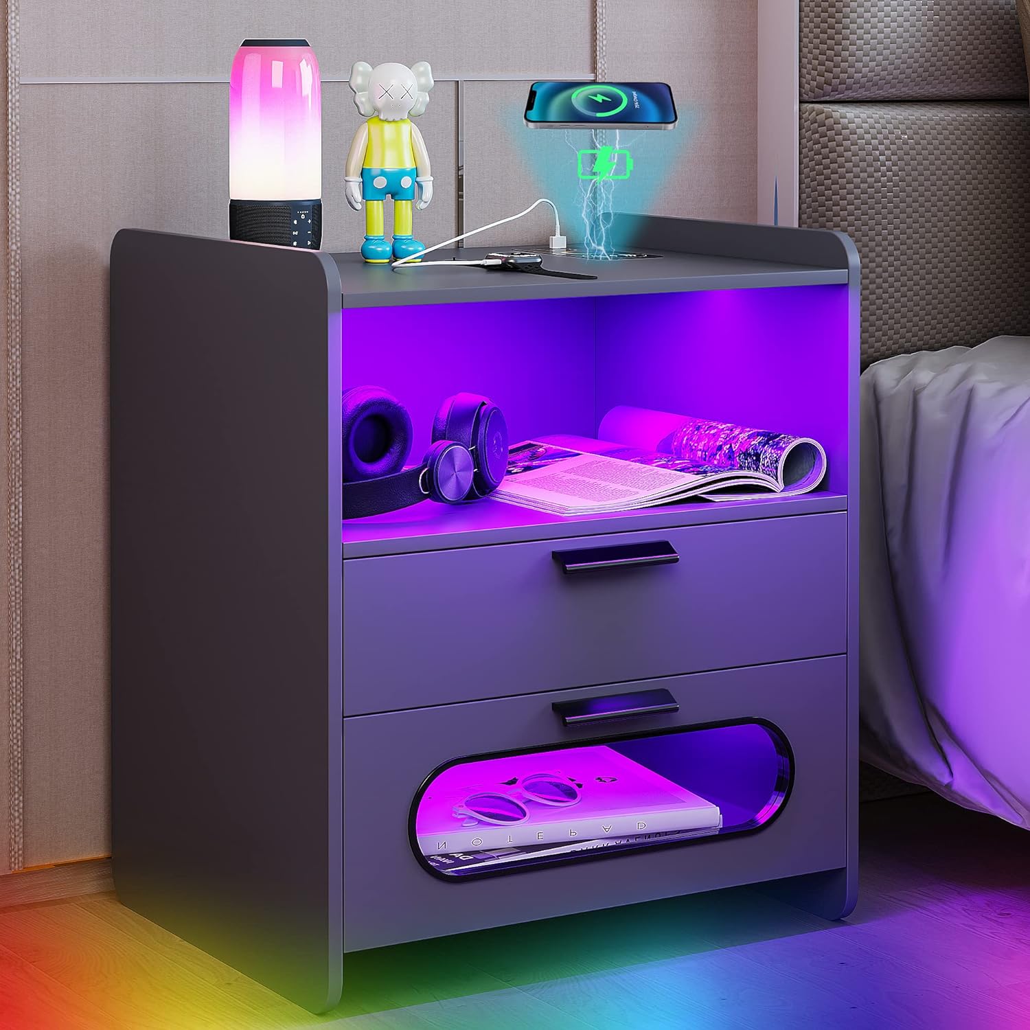 RGB Nightstand with Wireless Charging Station and USB Ports Auto Sensor LED 24 Color Dimmable for Bedroom Furniture,Modern End Side Bedside Table with Human Body Sensor Function