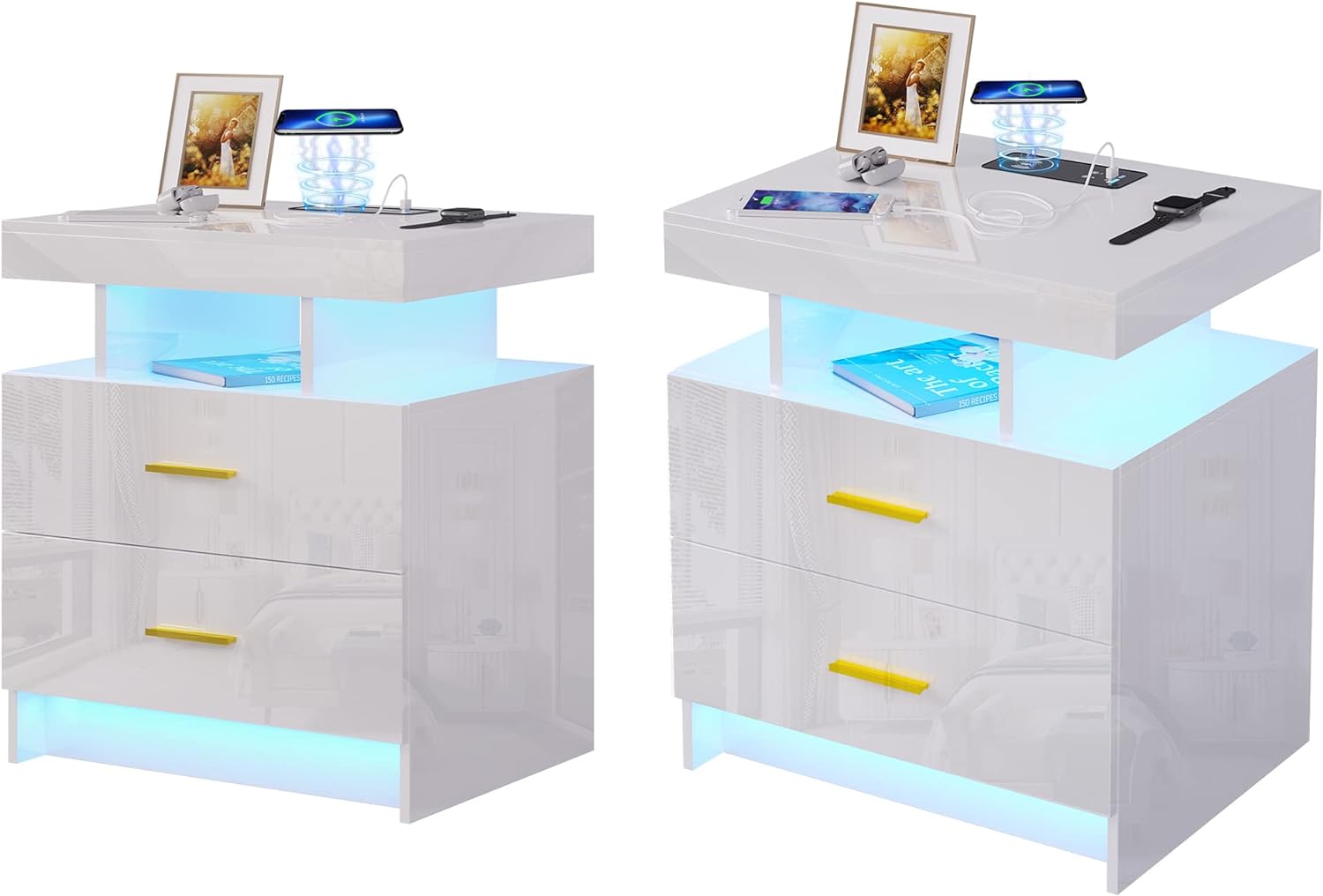 HNEBC Auto LED Nightstands Set of 2,Modern Bedside Table with 2 USB Ports & Wireless Charging Station,High Gloss Bedside Tables with 2 Drawers,Nightstands for Bedrooms/Living Room/Office (White)