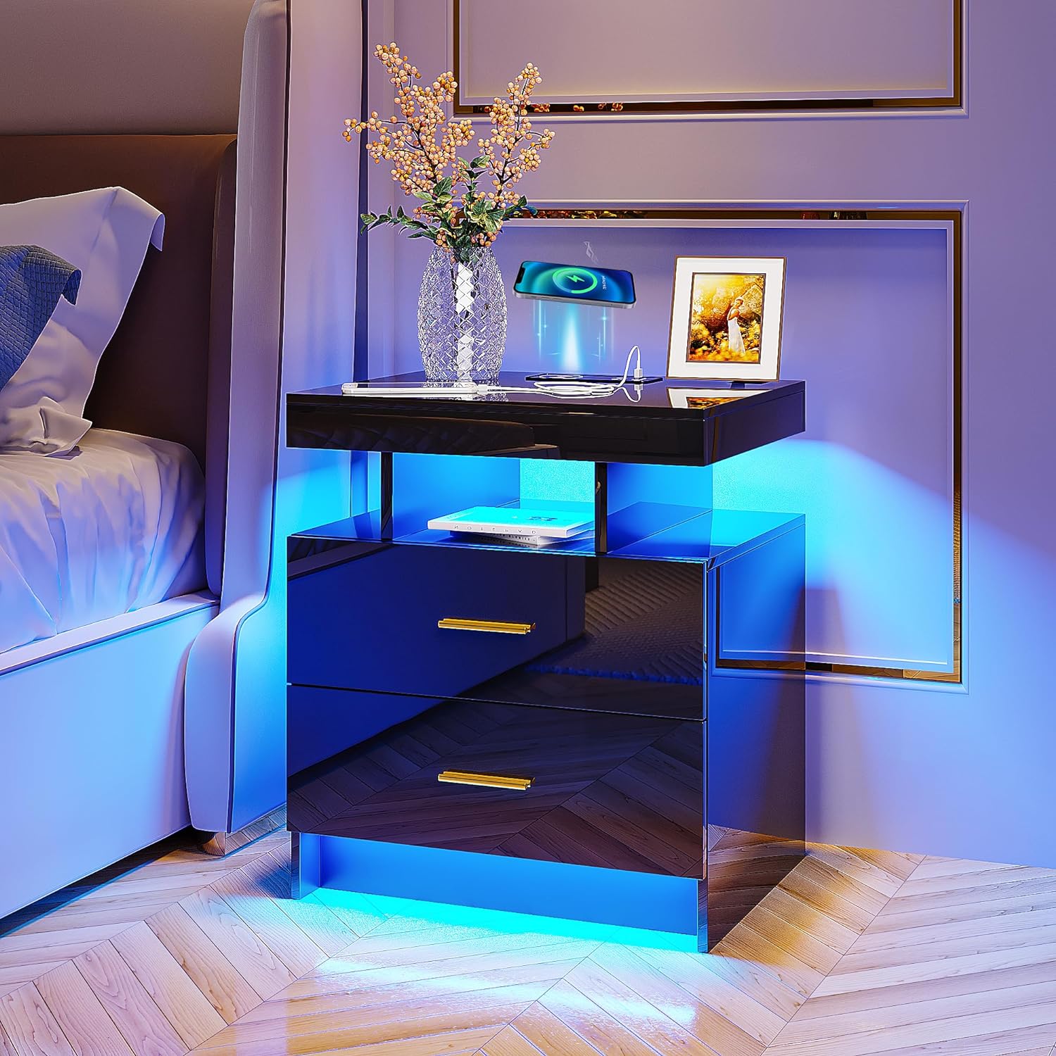 HNEBC Auto LED Nightstand with Wireless Charging Station & USB Ports,High Gloss Bedside Tables with 2 Drawers,Floating Nightstand with 3 Color & Adjustable Brightness Embedded LED Light Strip