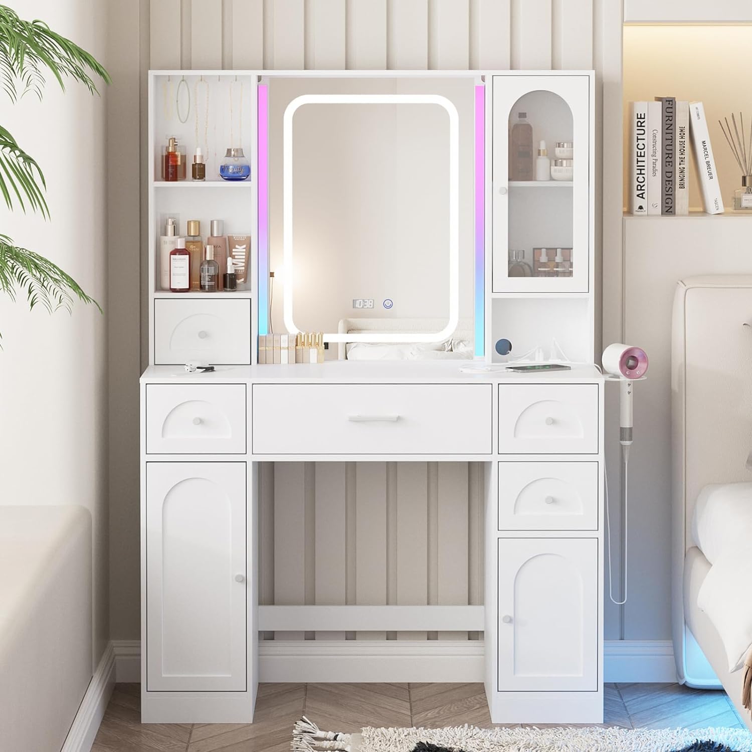 White Vanity Desk with Mirror and Lights,Makeup Vanity with RGB Lights and Power Strip,Makeup Desk Vanity Table with 5 Drawers Lots Storage & Time Display,3 Lighting Modes LED Lighted Mirror,41.3in(L)