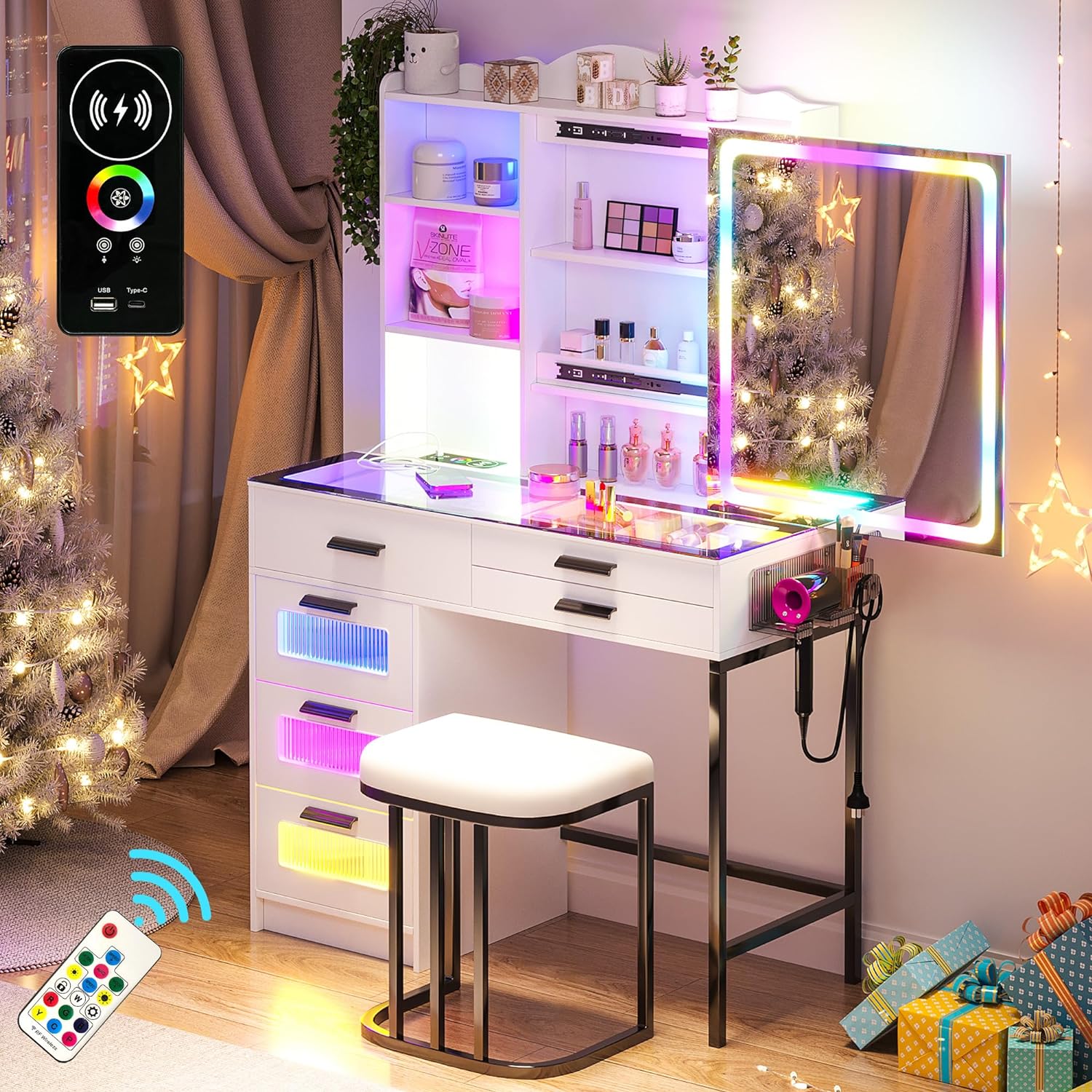 RGB Vanity Desk with Sliding Mirror and Lights, LED Vanity Make up Desk with Charging Station and Human Sensor, Glass Top Vanities Dressing Table with Jewelry Box,6 Drawers,Stool (White)