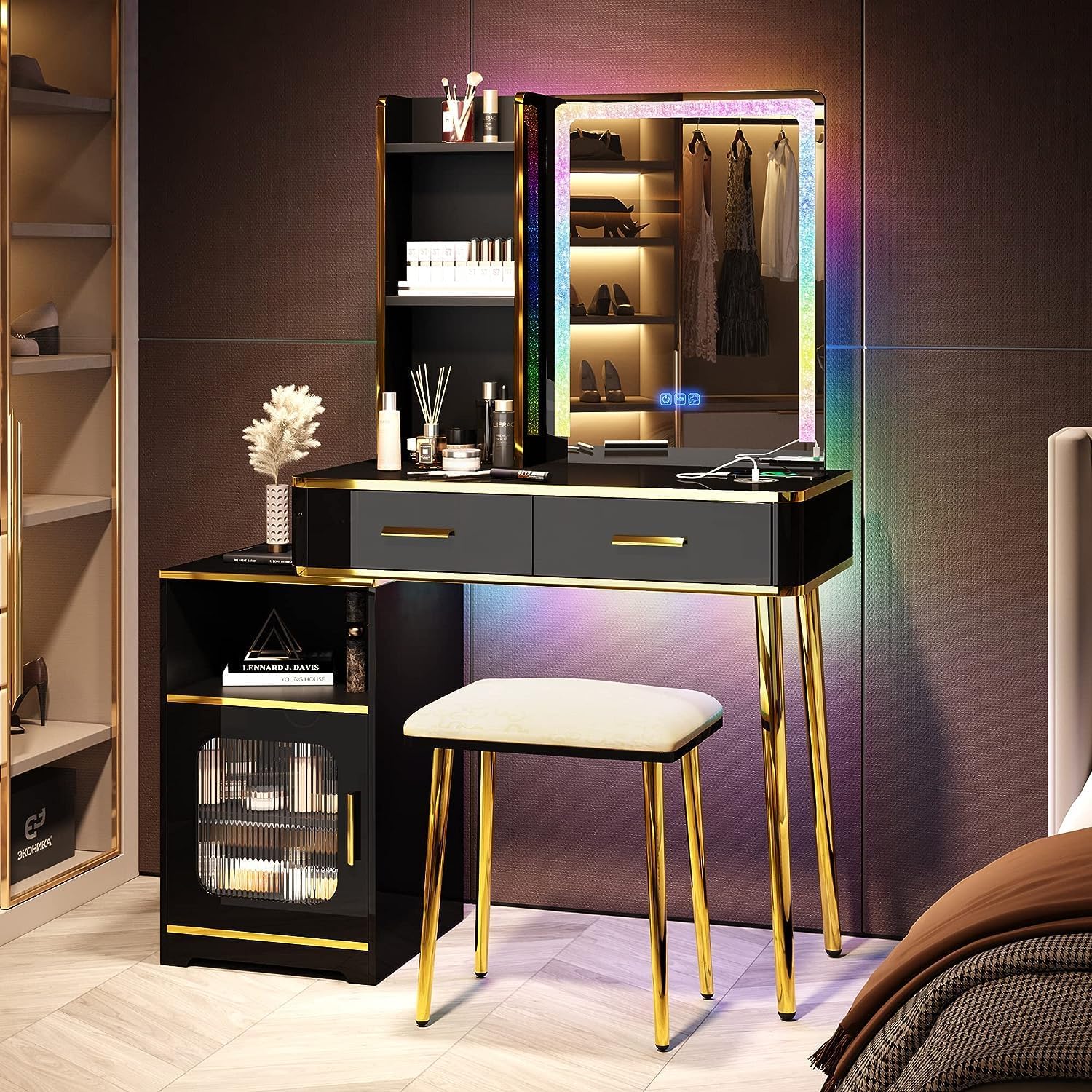 Makeup Vanity with Mirror: Makeup Desk - Dressing Table With Drawers - Vanity Set with RGB LED Lights&Wireless Charging Station - Hidden&Open Storage Shelves - Vanities for Bedroom Furniture - Black