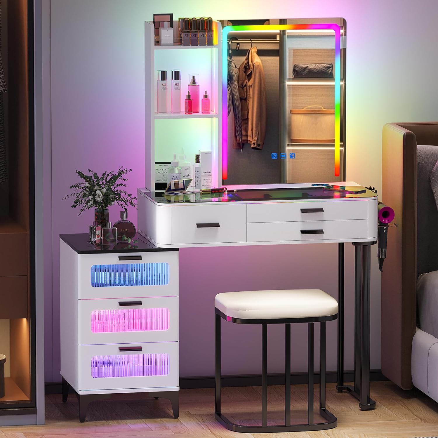 Makeup Vanity Table with Mirror and Lights, Auto Sensor LED Dressing Table with 24 RGB Dimmable Lights, Makeup Desk with Storage Shelves and 6 Drawers