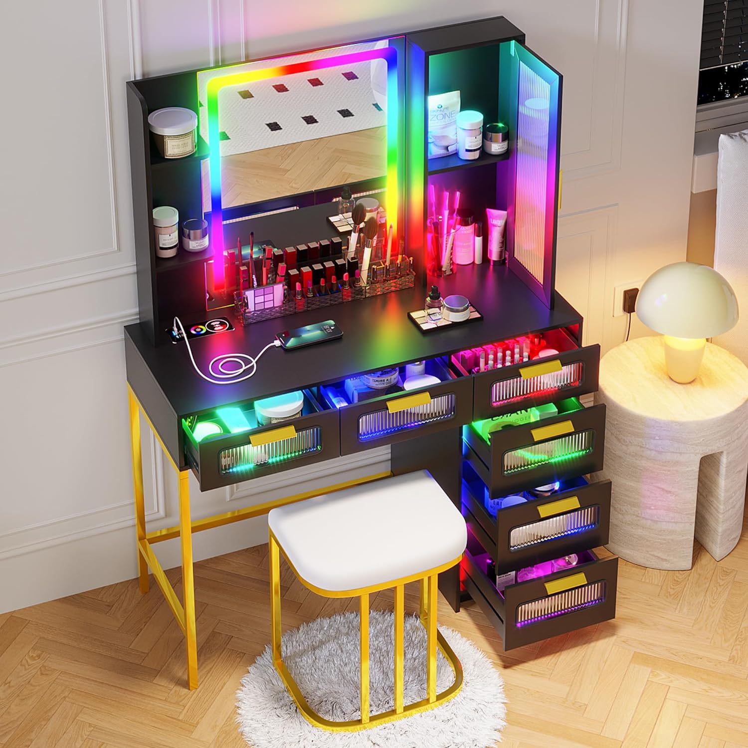 HNEBC RGB Black Vanity, Makeup Vanity with Dazzling Lights and 6 Drawers, Makeup Desk with USB/Type-C/Wireless Charging, Dressing Table with Shelves/Cabins/Stool, Vanity Table as Gifts for Women