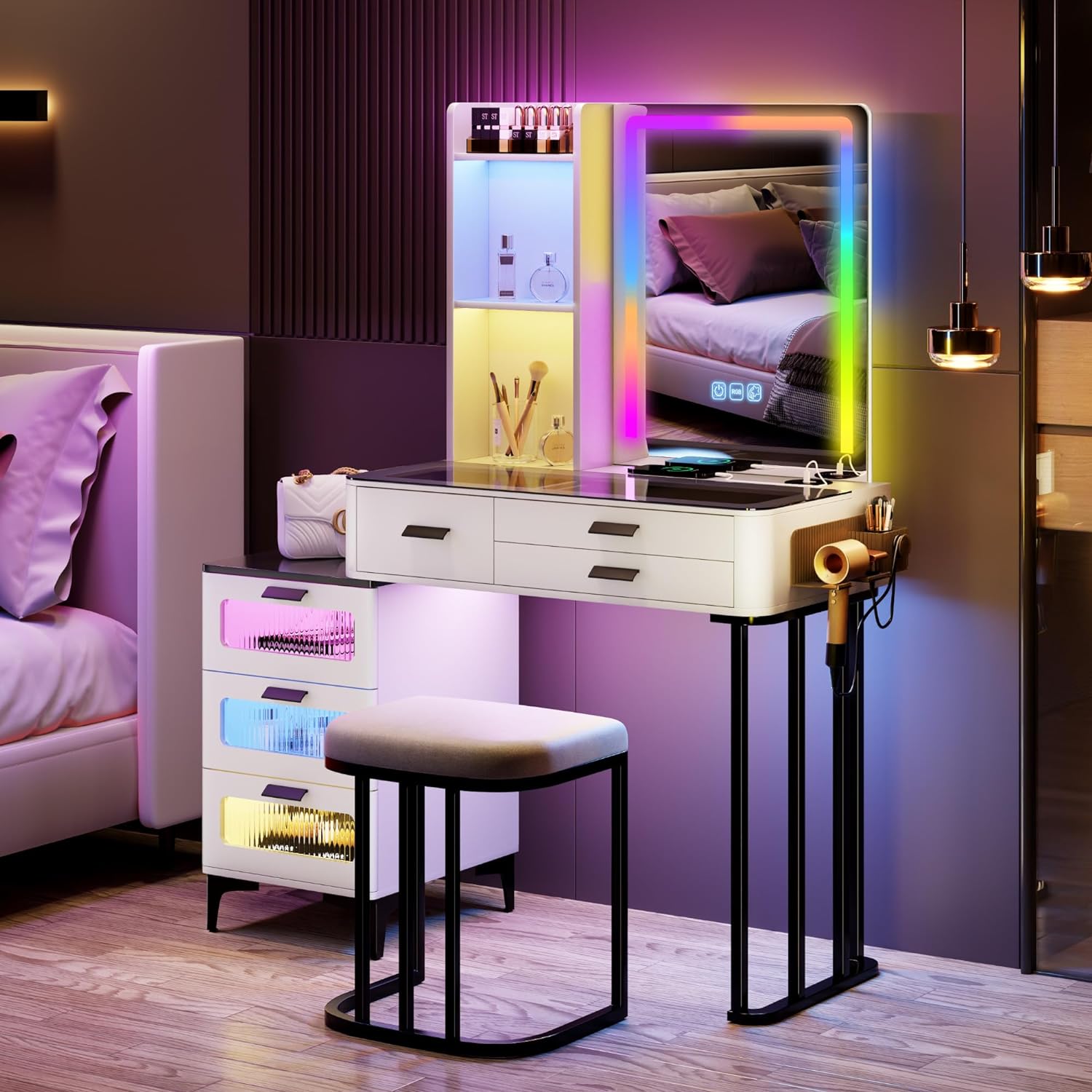 FEDEES Vanity Desk with Mirror and RGB Lights,Vanity Desk Set with Glam Glass Top&USB Charging Station,Makeup Vanity with 6 Drawers&Cushioned Stool,Makeup Desk with Hidden&Open Storage Shelve,White