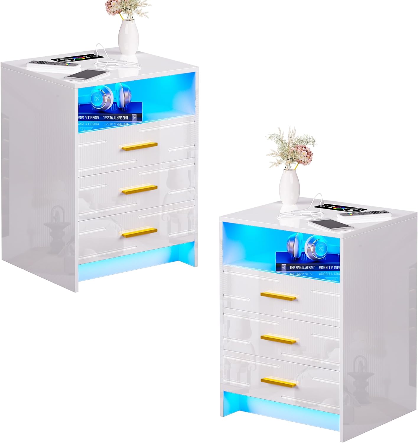 LED Nightstands Set of 2, High Gloss Night Stands with Charging Station, Bedside Tables has 3 Drawers for Bedroom/Living Room/Office, Wireless  USB Port  24 Color Lights (2PC, White)