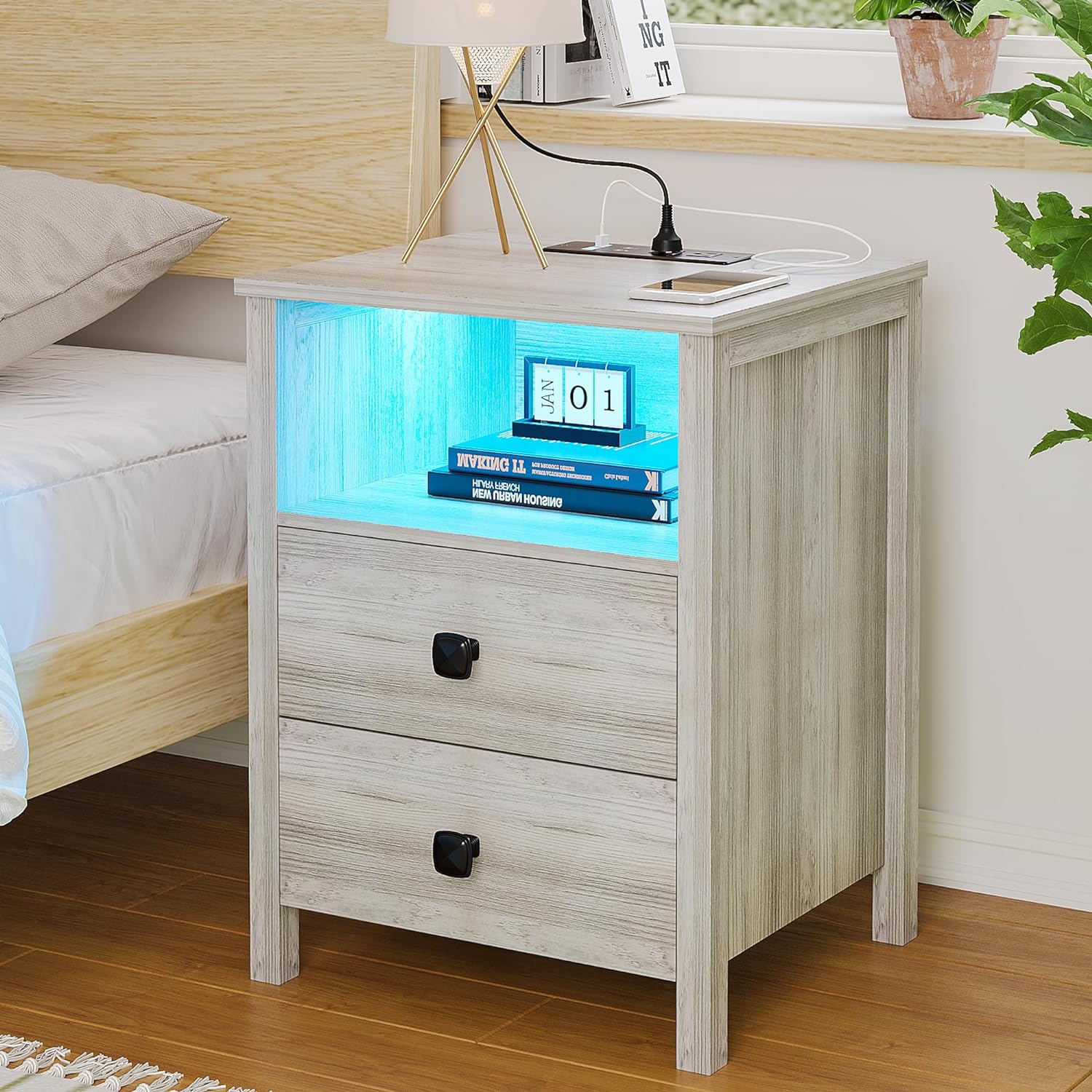 Smart LED Nightstands with 3 Color Lights, Bedside Tables with 2 Sockets, Wooden Night Stand with 2 USB Ports & 2 Large Drawers for Bedroom/Living Room/Apartment (Greige)