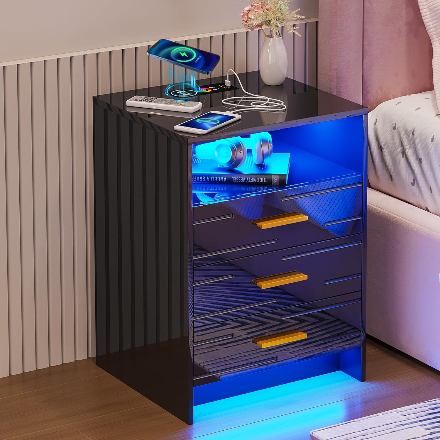 LED Nightstand with Charging Station, High Gloss Black Night Stands with 24 Color Lights, Human Body Induction Bedside Table has 3 Drawers for Bedroom/Living Room/Office (Black)