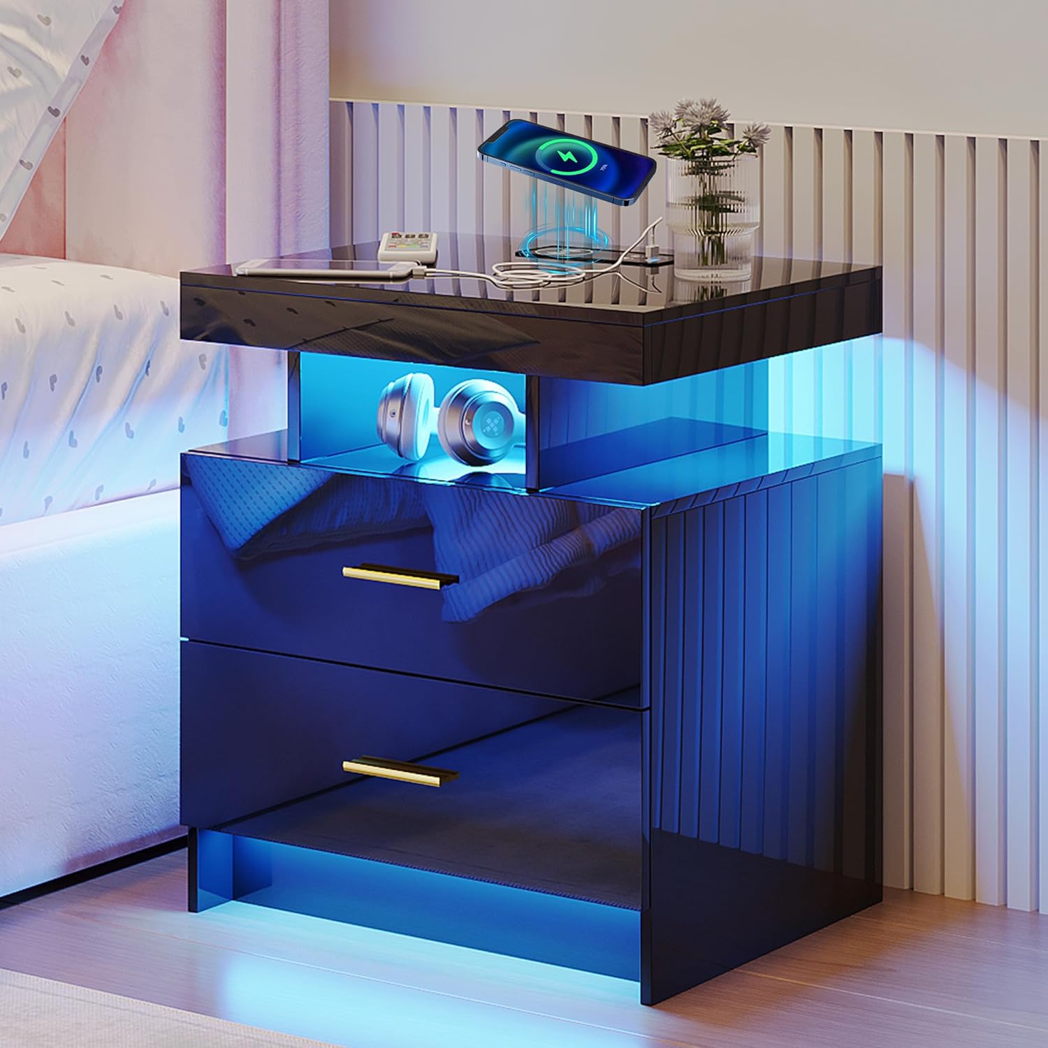 LED Nightstands with Charging Station, High Gloss Night Stand with Human Sensor, Bedside Tables with 2 Drawers, Nightstand with USB/Type-C/Wireless for Bedroom/Living Room (Black,1PC)