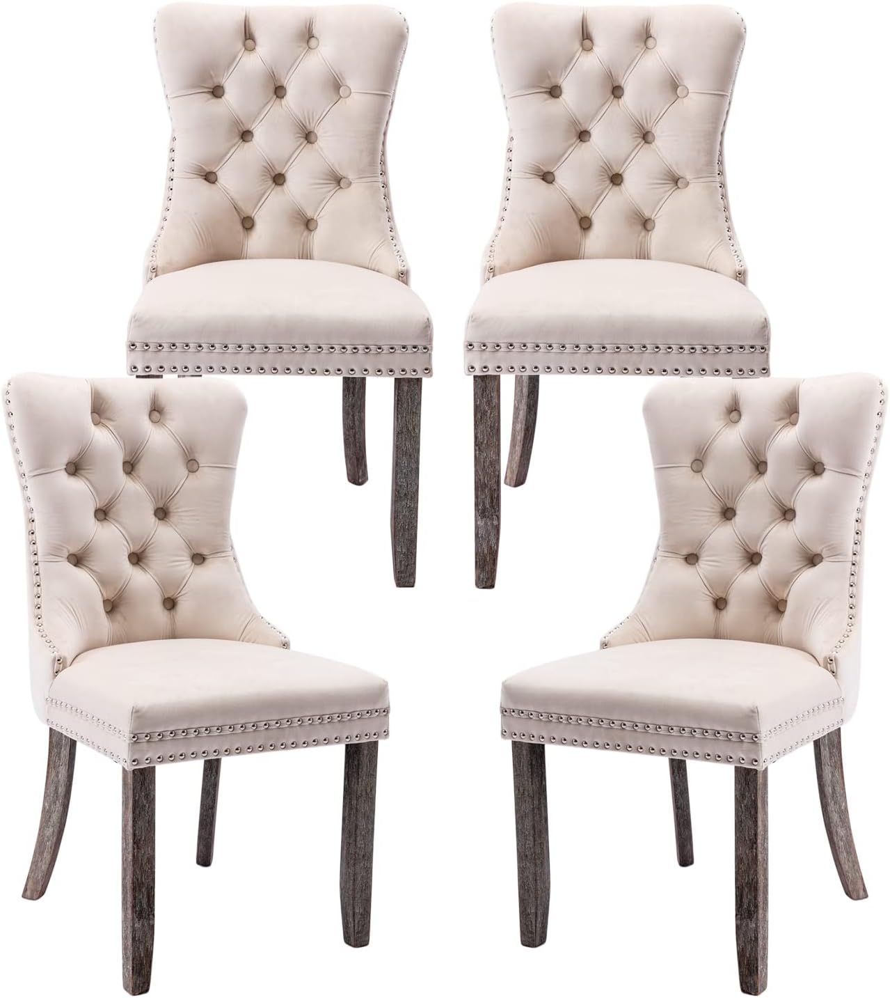 Kiztir Velvet Upholstered Dining Chairs Set of 4, Wingback Dining Room Chairs with Ring Pull Trim and Button Back, Luxury Tufted Dining Chair for Living Room, Bedroom, Kitchen (Beige)