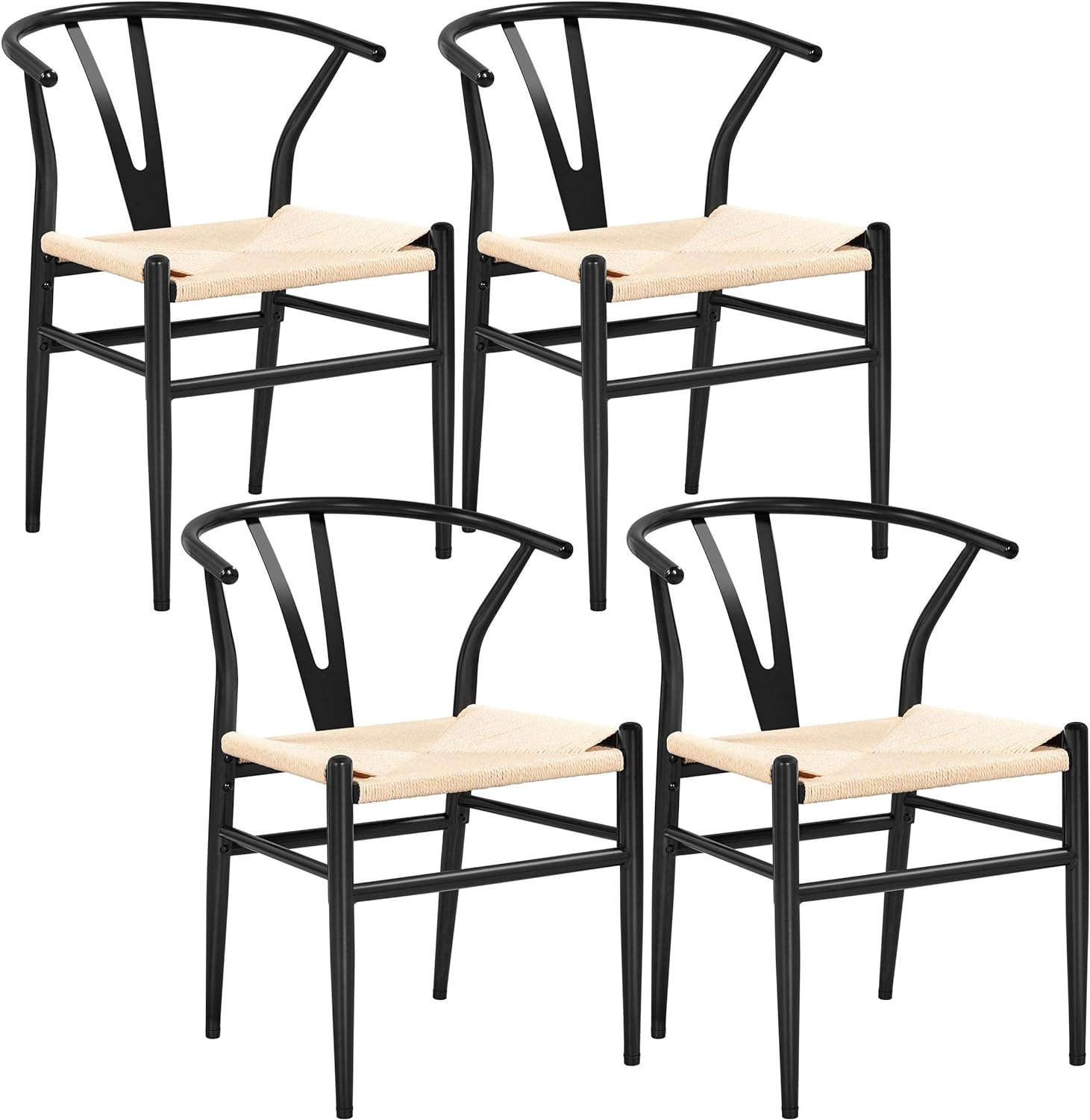 Yaheetech Set of 4 Weave Chair Mid-Century Metal Dining Chair Y-Shaped Backrest Hemp Seat, Black