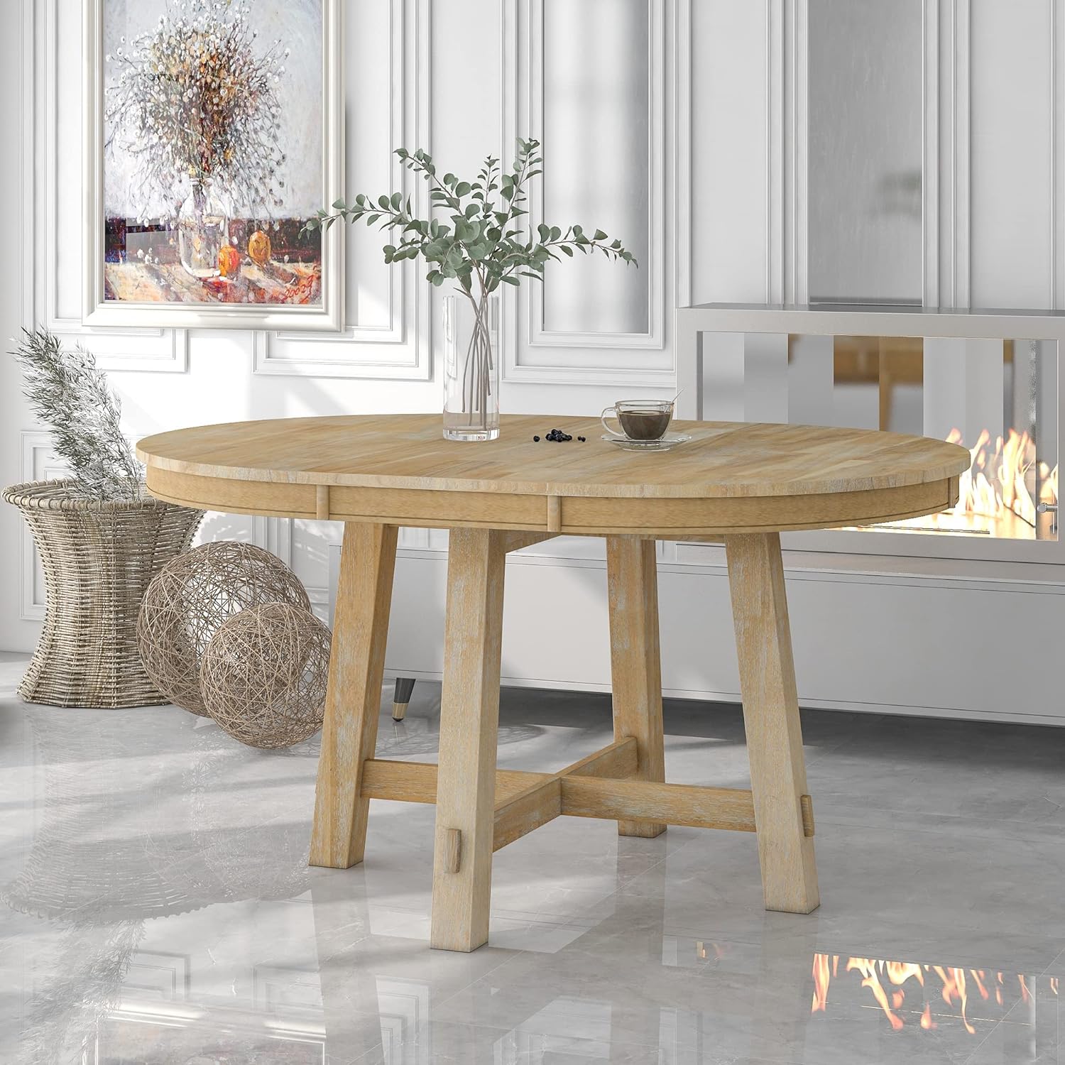 Merax Round Wood Dining Table, Farmhouse Round Extendable Dining Table with 16 Leaf For Kitchen (Natural Wood Wash)