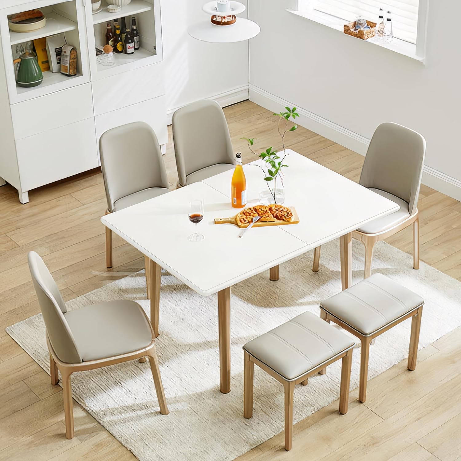 47 Multifunctional Wooden Foldable Dining Table with Thai Oak Legs, Modern Space Saving Kitchen Table for Living Room (White, 47 W x 35.4 D x 29 H)