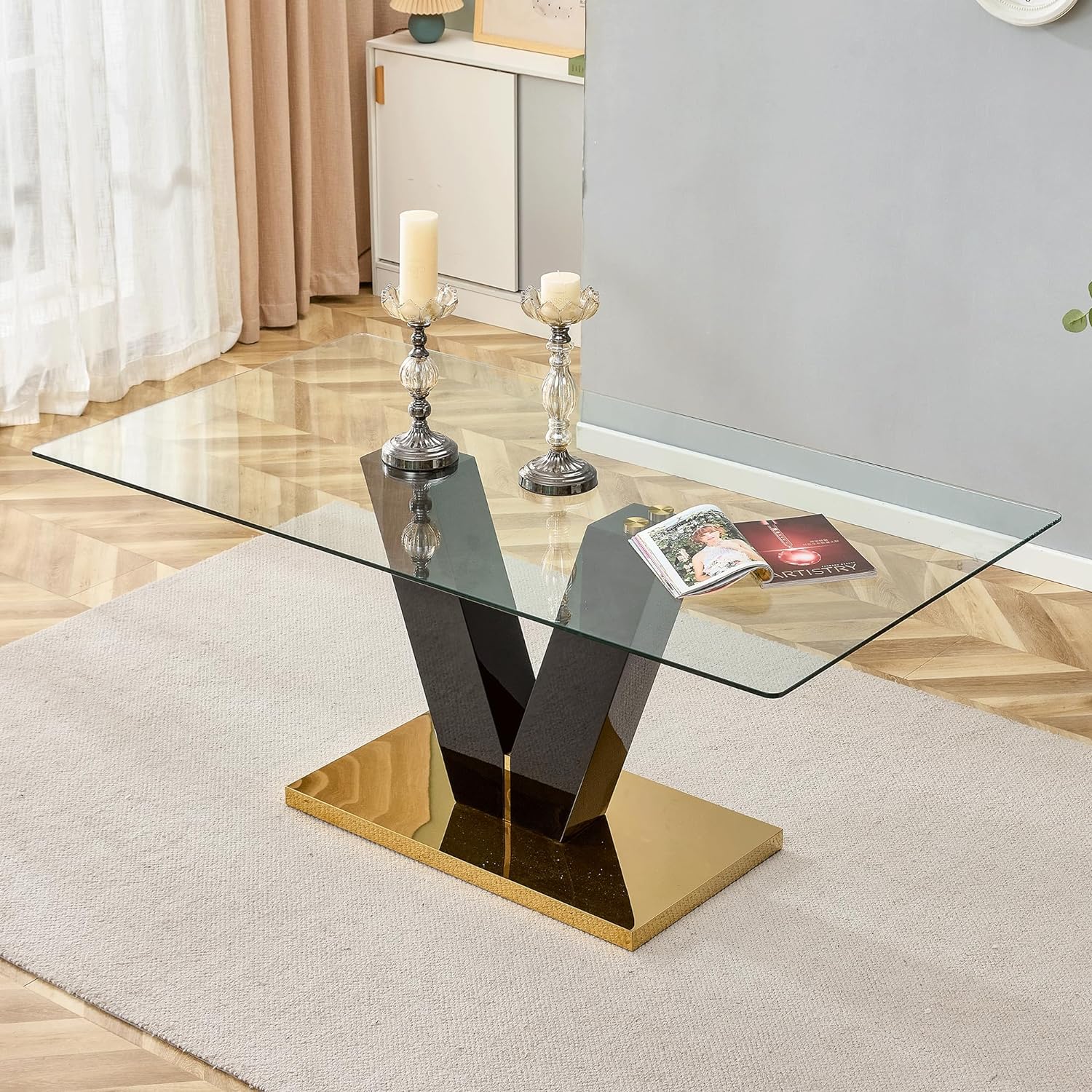 Gold Dining Table,Modern Glass Dining Table, Rectangular Transparent Dining Table with High-Gloss Black MDF Base. 71'' Glass Kitchen Table Ideal for Living Room Kitchen