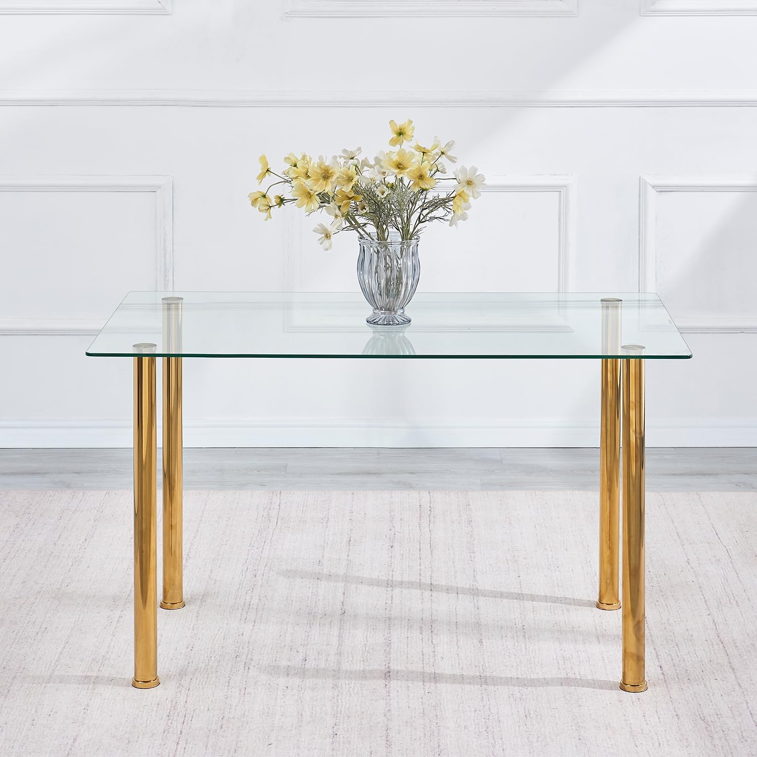 Rectangle Glass Dining Table with Clear Top and Golden Legs, Glass Kitchen Table for Restaurant, Apartment and Small Space(47.24 x 27.55 x 29.5)