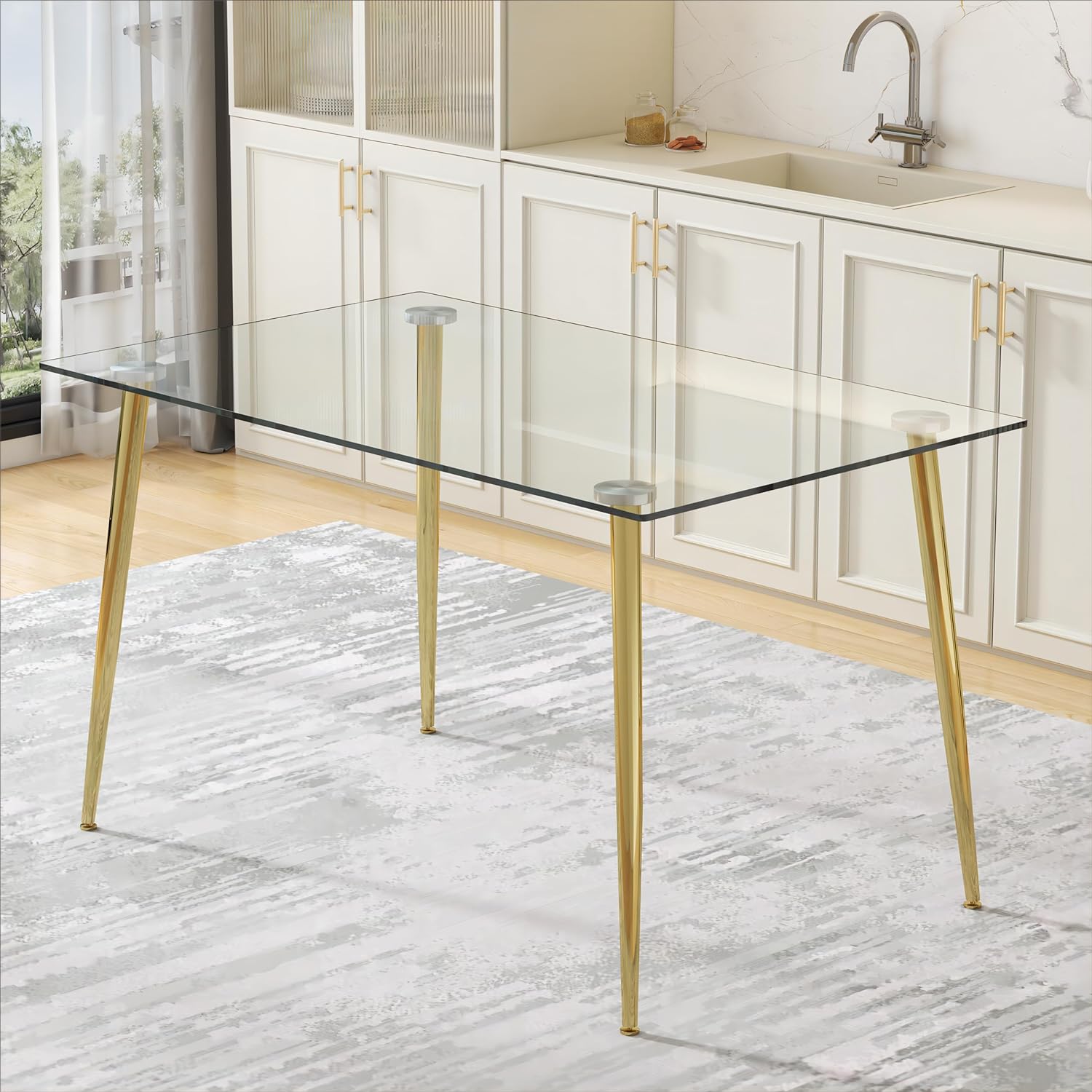 Glass Dining Table for 4 with 51 inch Clear Tempered Glass Top, 0.31 Modern Rectangular Glass Kitchen Table Furniture with 4 Golden Plating Metal Legs for Home Kitchen Room