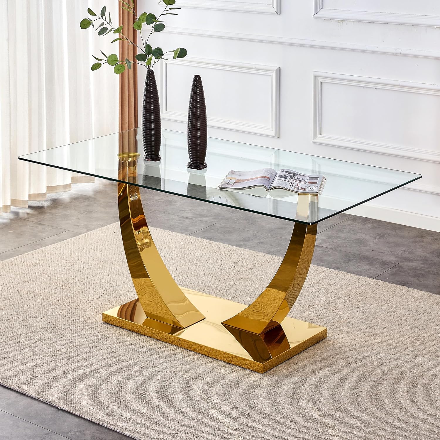 63 Glass Dining Table for 6 People, with Gold Legs Base Modern Kitchen Table, Large Modern Rectangular Tempered Glass Dining Table, Suitable for Family Kitchens and Banquet Halls