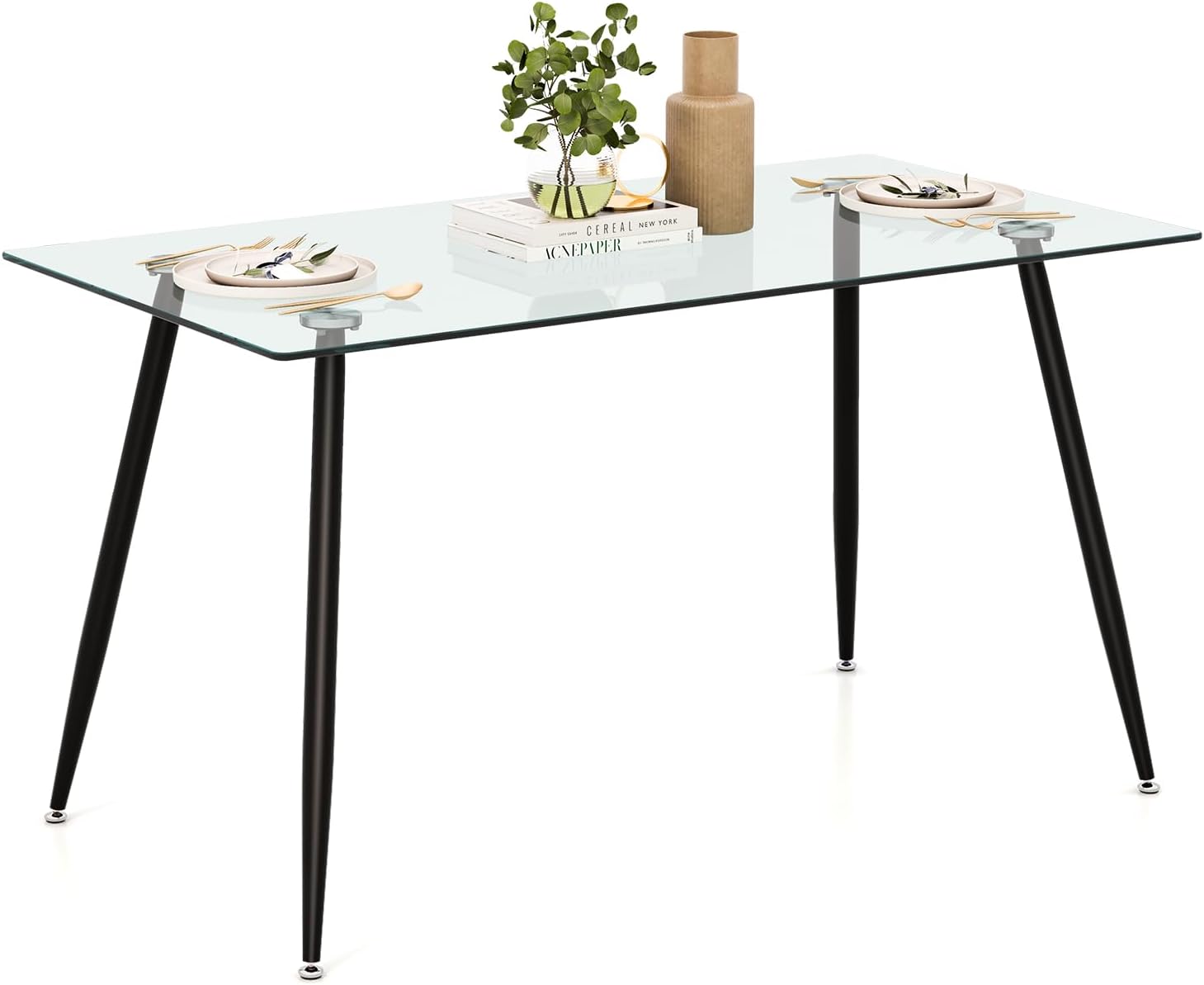 Tangkula Glass Dining Table, Modern Rectangular Table with Tempered Glass Tabletop & Black Steel Legs, Simplistic Kitchen Table, 51 x 27.5 x 29.5 Inch, Versatile Table for Home Office