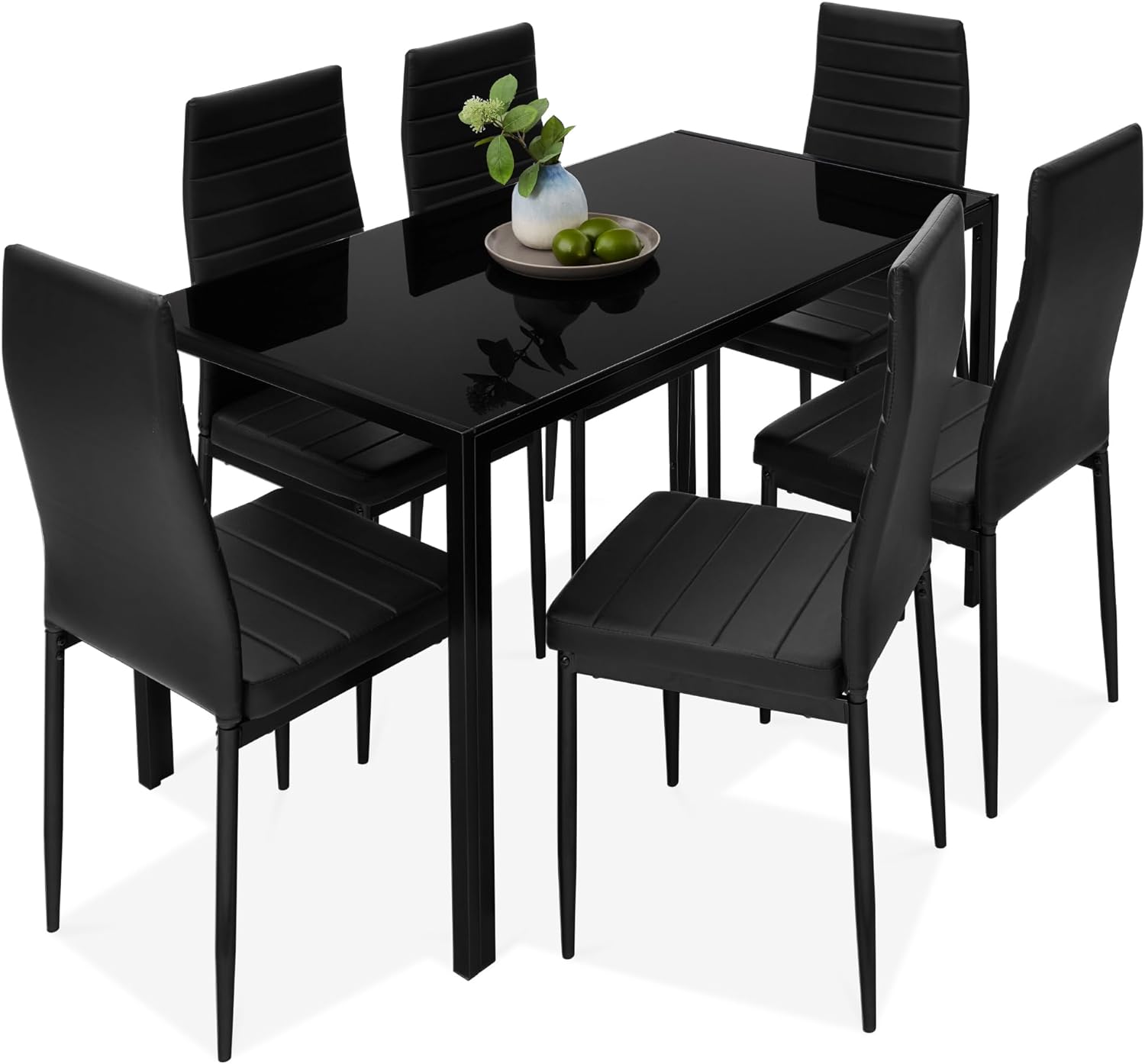 Best Choice Products 7-Piece Glass Dining Set, Modern Kitchen Table Furniture for Dining Room, Dinette, Compact Space-Saving w/Glass Tabletop, 6 Upholstered PU Chairs, Metal Steel Frame - Black