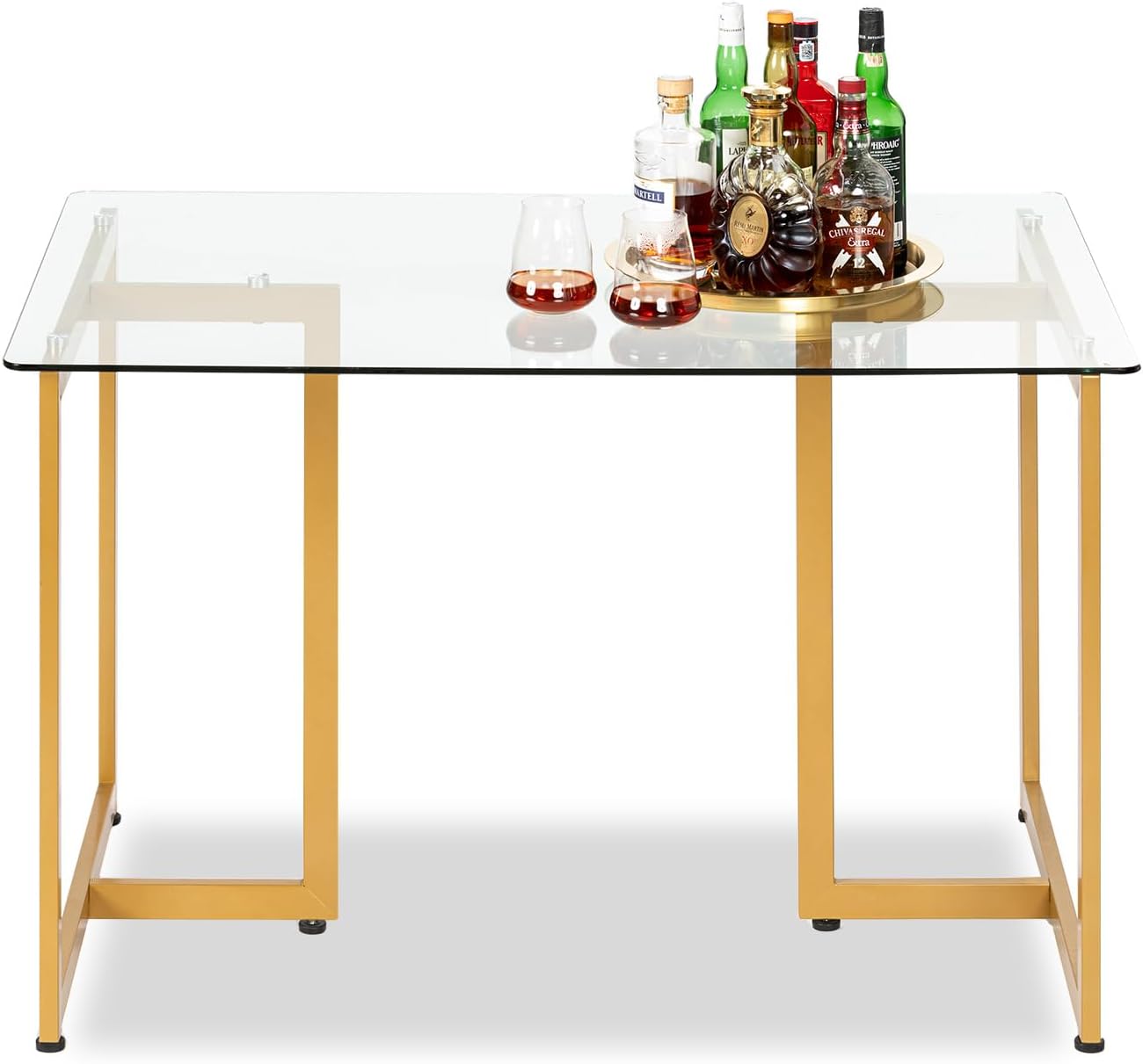 FurnitureR Tempered Glass Dining 47.2 inches Dinner Table for 4-6 Persons Modern Rectangular Spacious Tabletop & Gold Legs Elegant for Home Kitchen Living Room Restaurant, 47 Inches