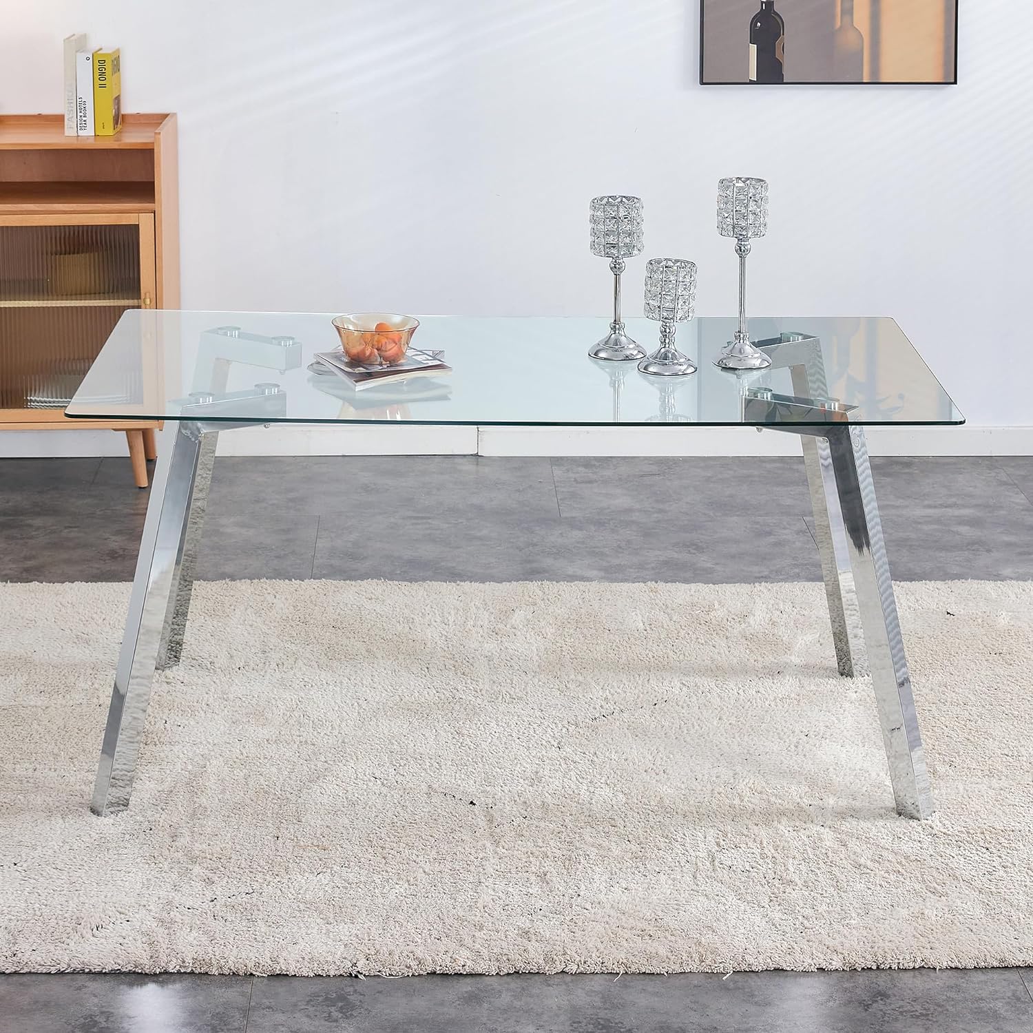 Modern Minimalist Rectangular Dining Table with Tempered-Glass Tabletop Metal Legs Suitable for 4-6 People,Transparent+Silver