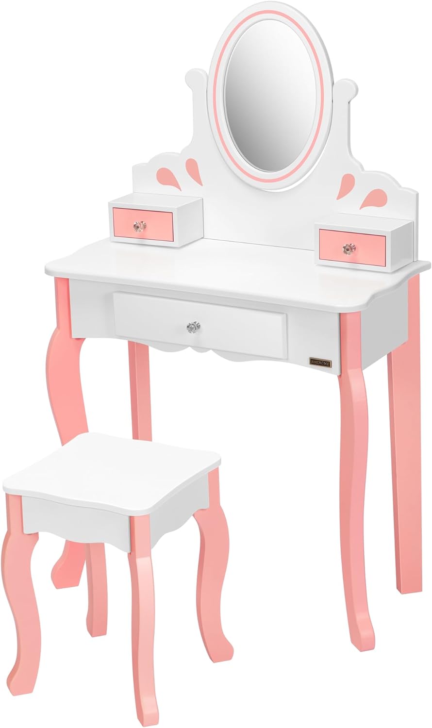 VIVOHOME Kids Vanity Set, Princess MDF Makeup Dressing Table with 360 Rotating Mirror and Drawers for Girls, White