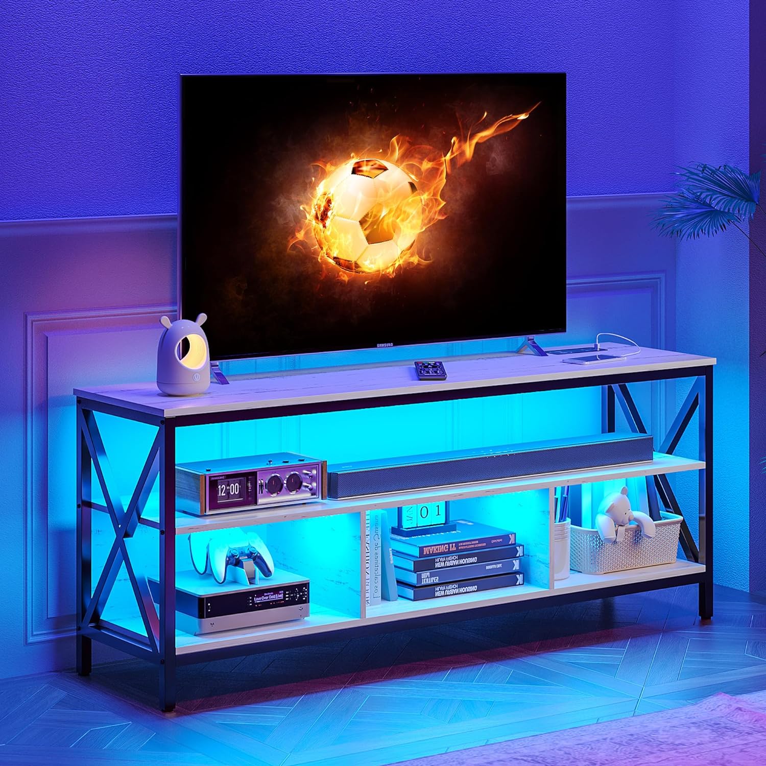 59 TV Stands for Living Room, Entertainment Center with 3 Color Lights/Body Sensing, LED TV Stand for 55+Inch TV, Industrial TV Console Table has USB/Type-C/Wireless Charging Station(White)